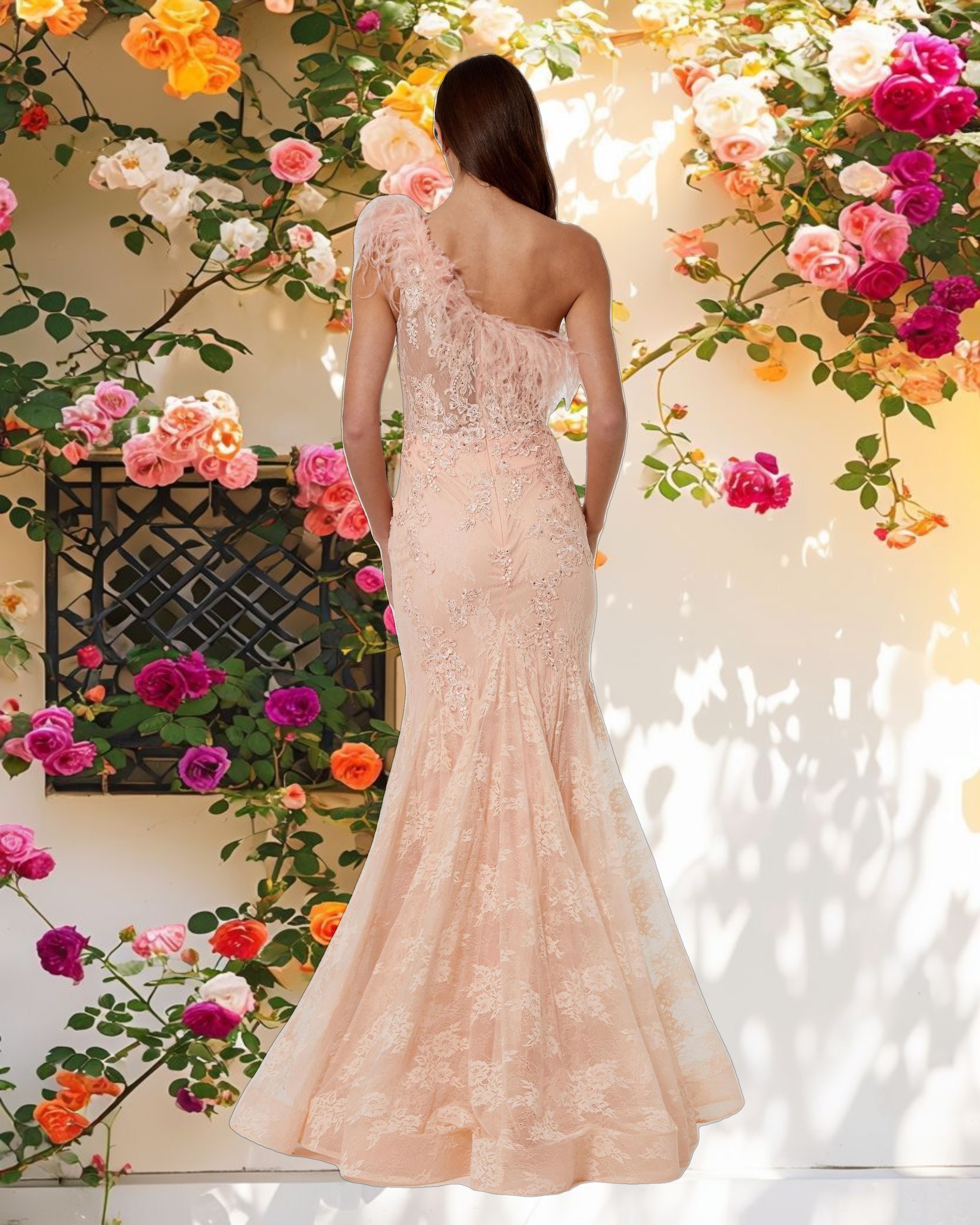 Pink One Shoulder Feather Embellished Mermaid Gown