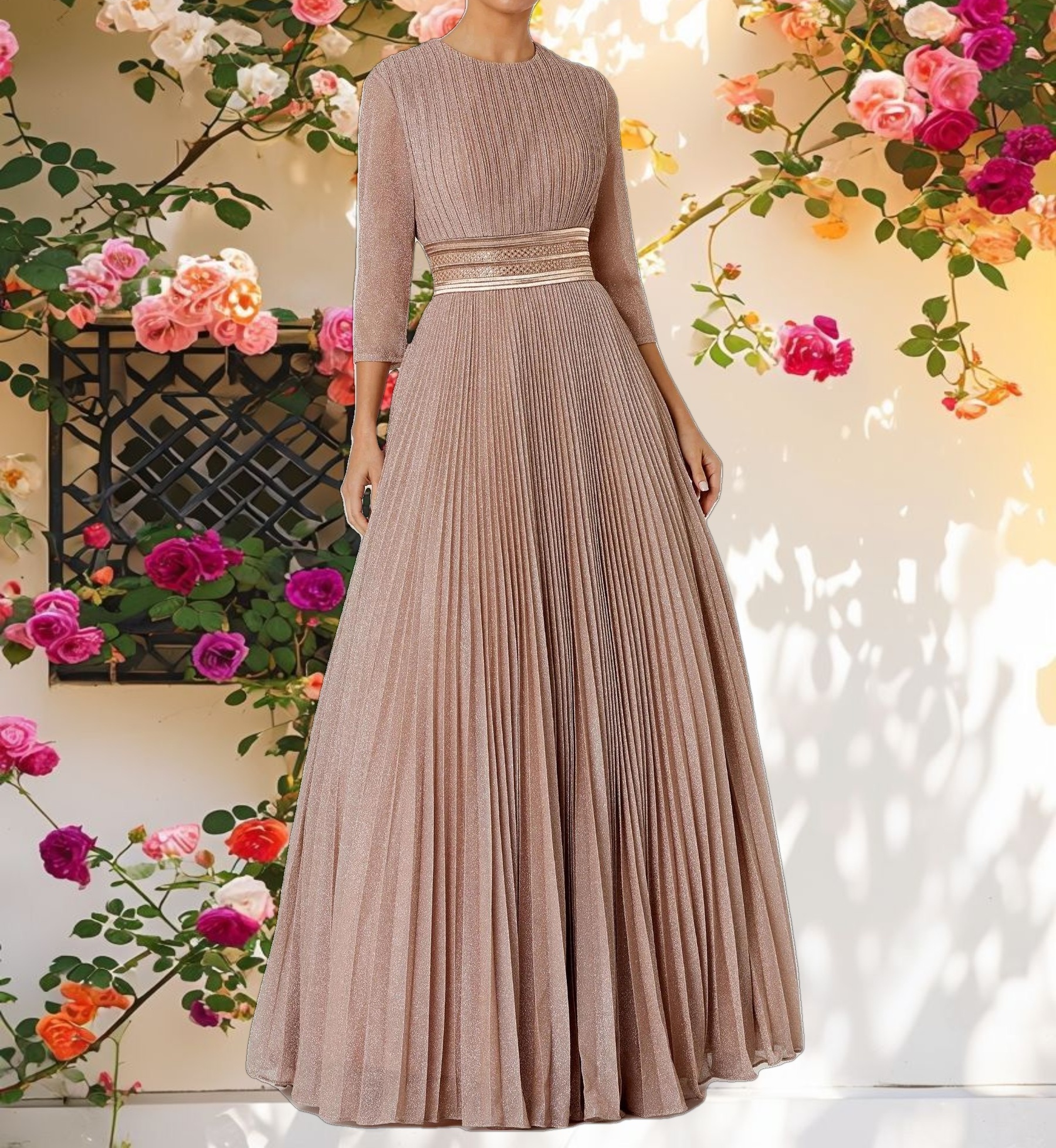 Pink Shimmering Pleated A-Line 3/4 Sleeve Gown