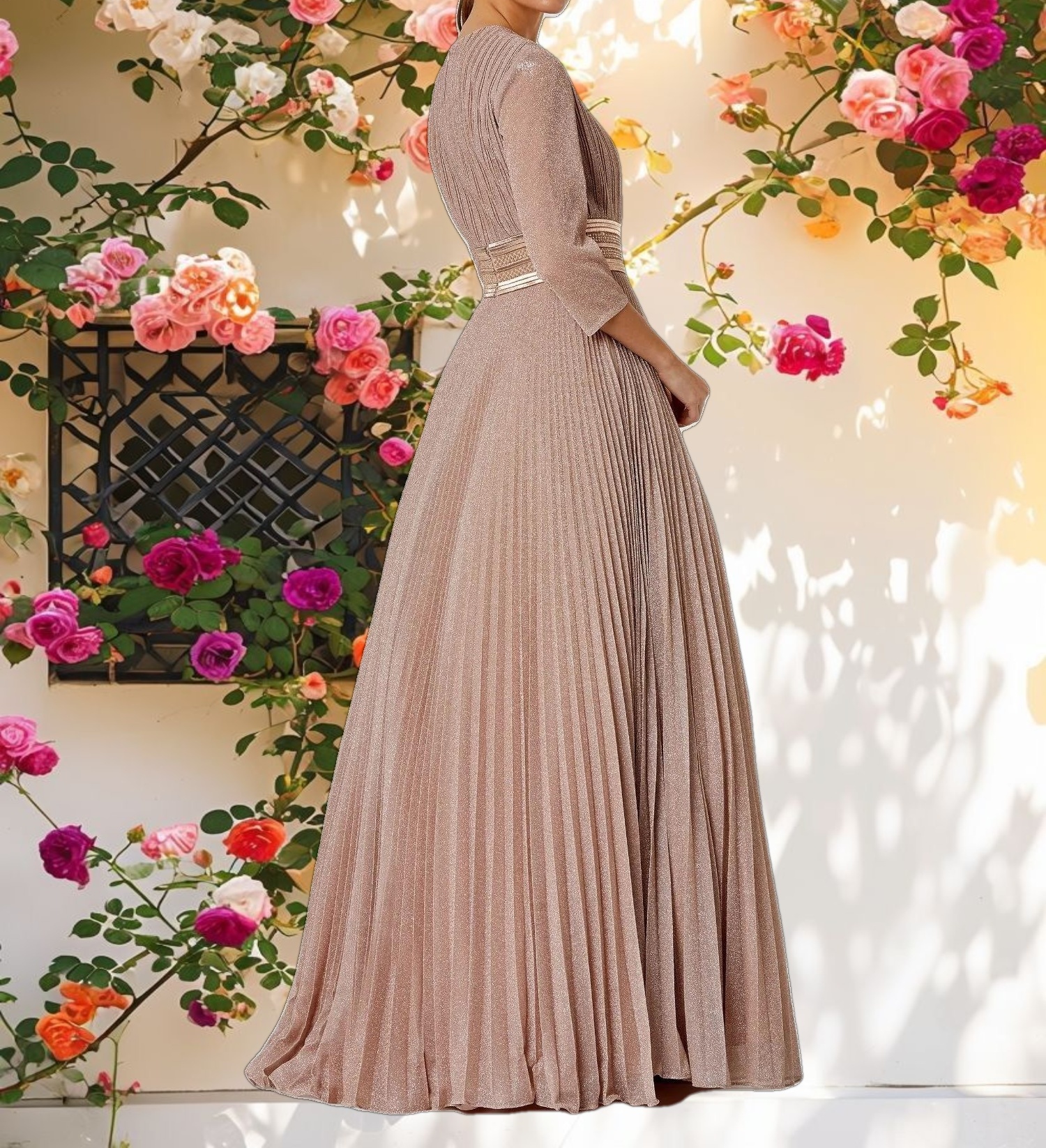 Pink Shimmering Pleated A-Line 3/4 Sleeve Gown