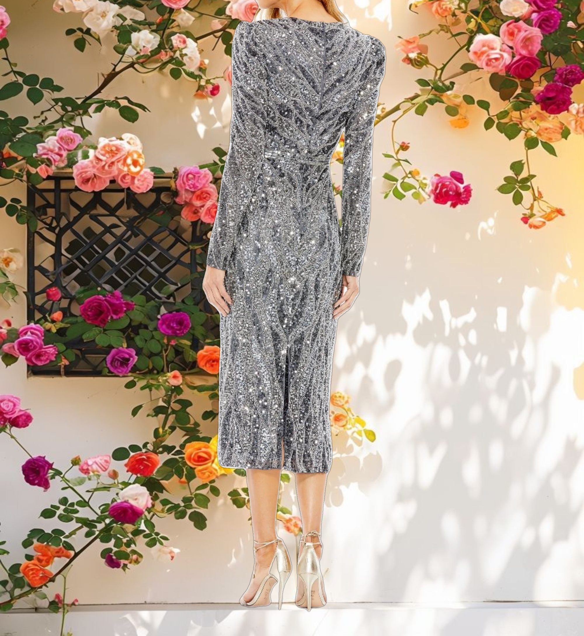 Long Sleeve V Neck Beaded Cocktail Dress