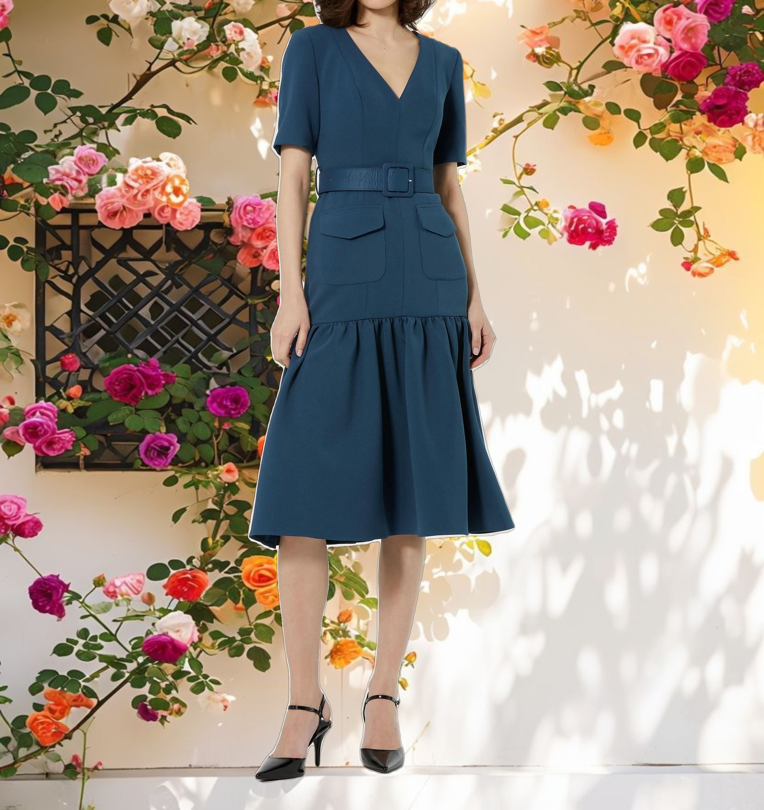 Blue Crepe Midi Dress With Belt And Pockets