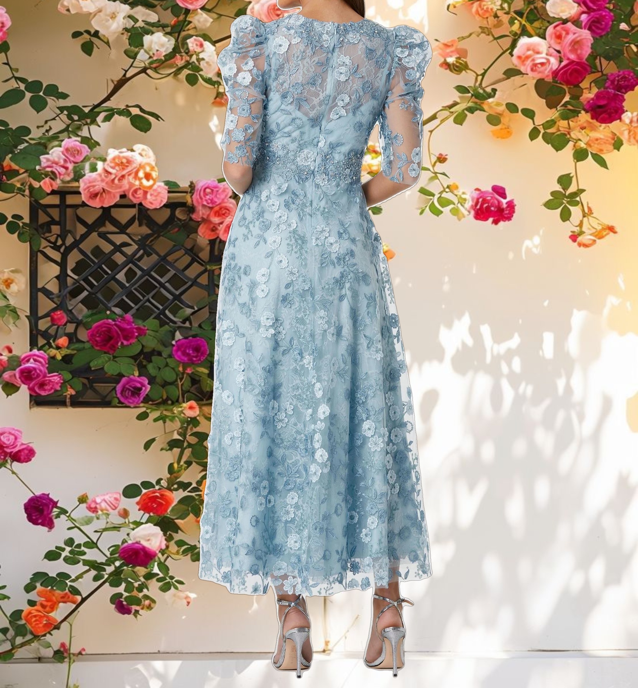 Blue Applique High Neck Puff Sleeve A Line Dress