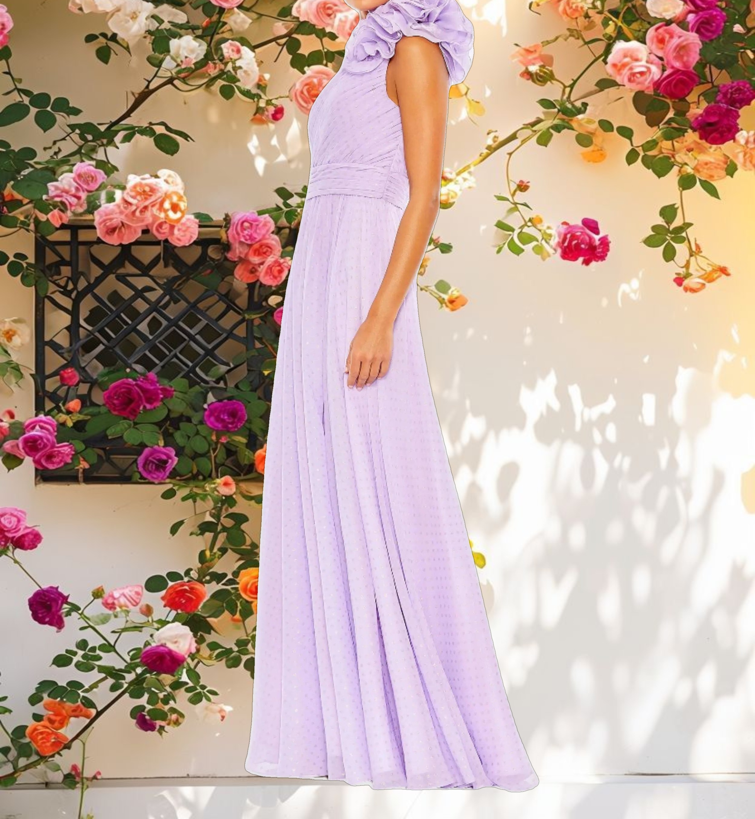 Purple Polka Dot Ruffled One Shoulder Gown