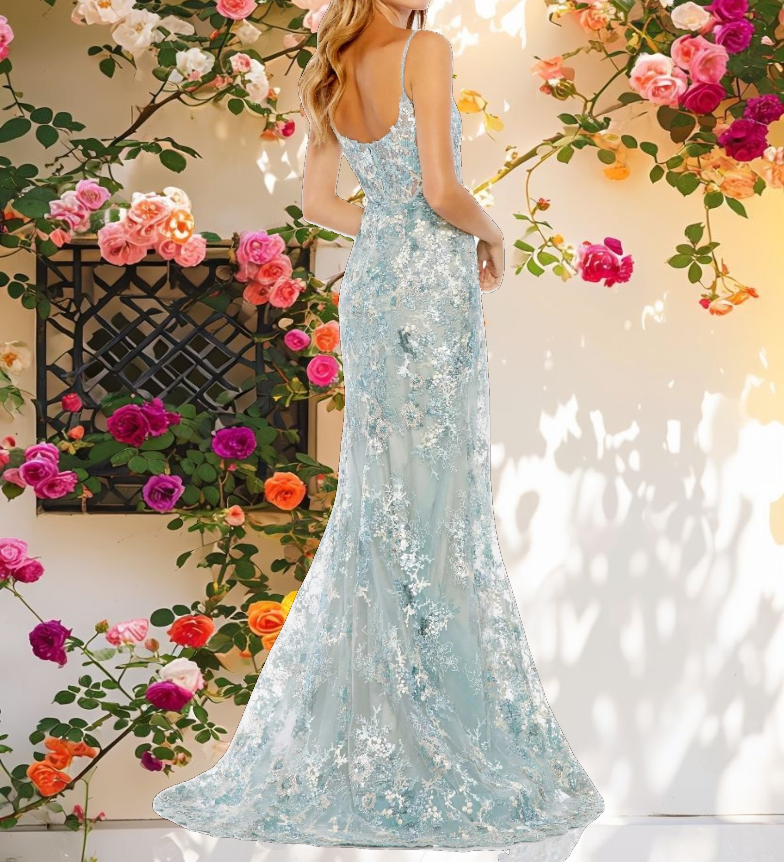 Blue Embroidered Spaghetti Strap Trumpet Gown