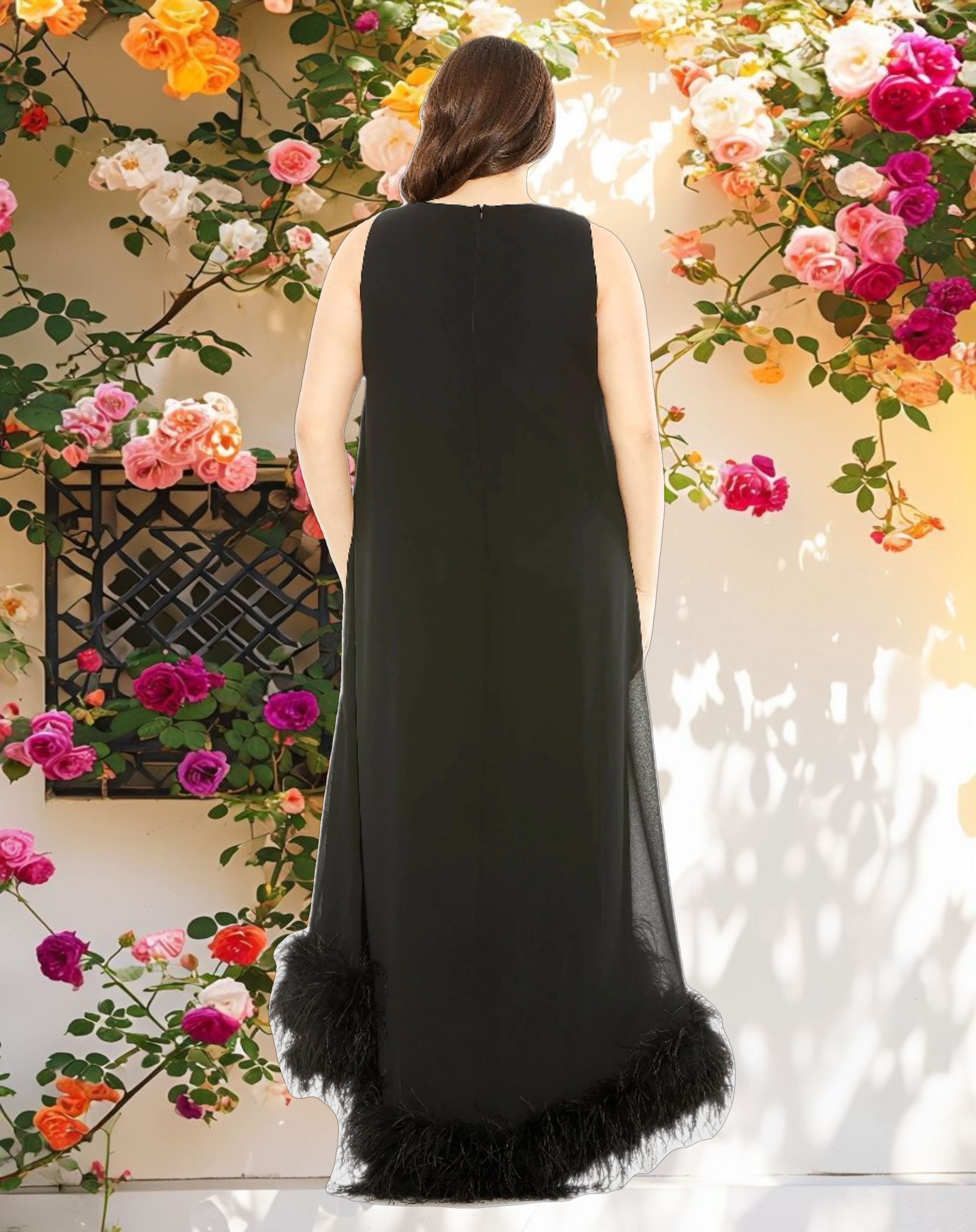 Black High Neck Feather Hem Gown