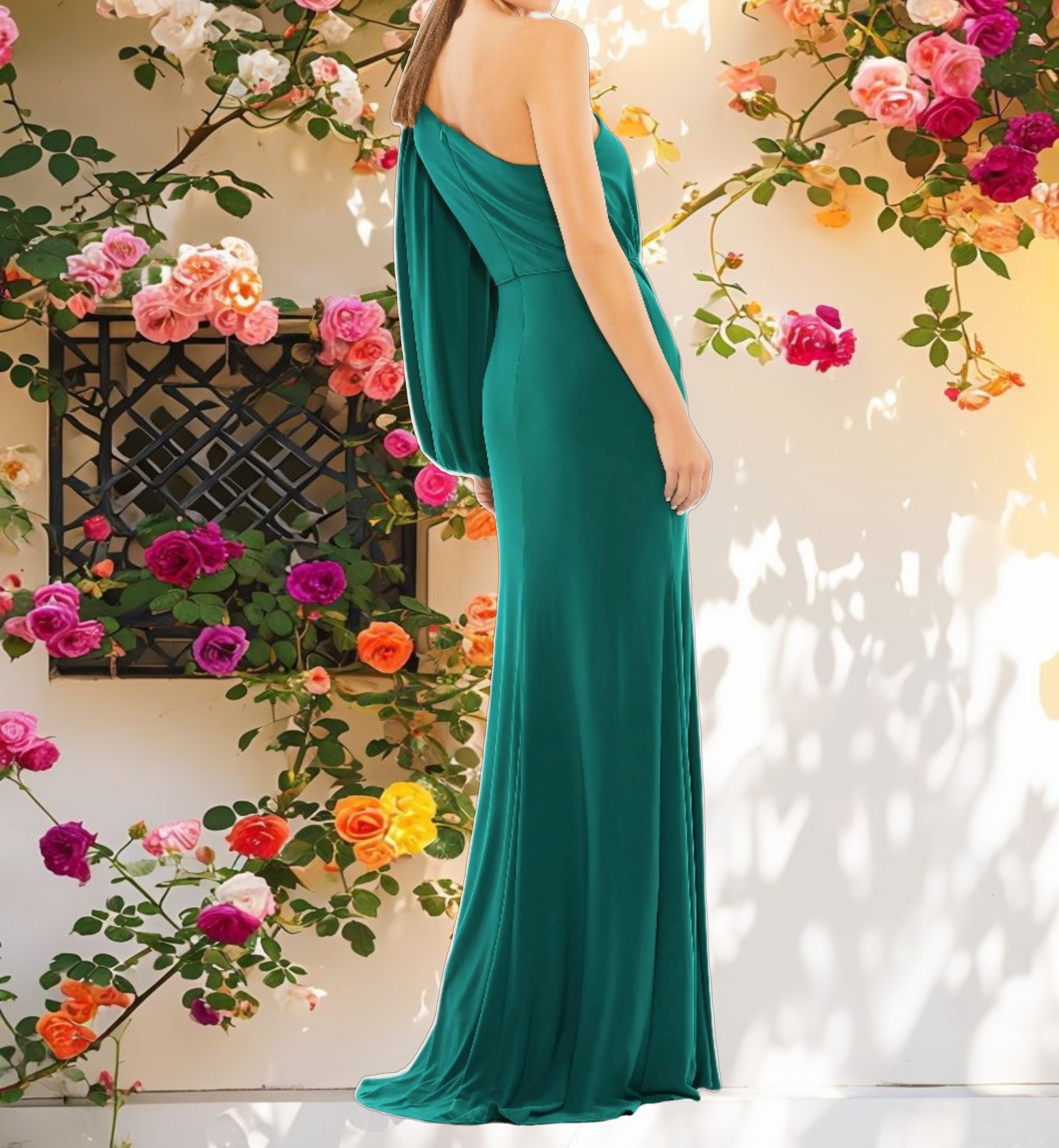 Green One Shoulder Puff Sleeve Faux Wrap Gown