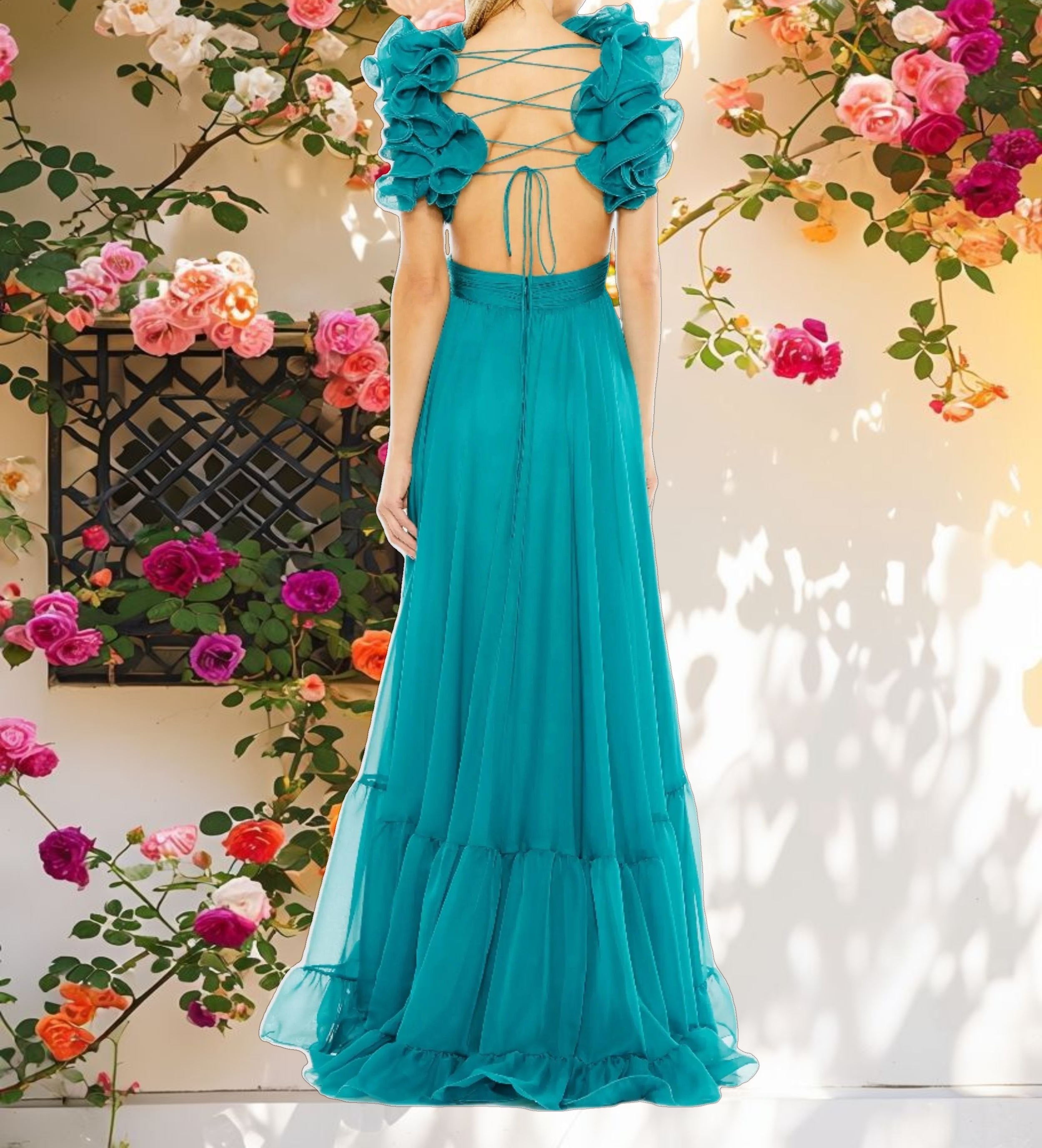 Ruffle Tiered Cut Out Chiffon Gown