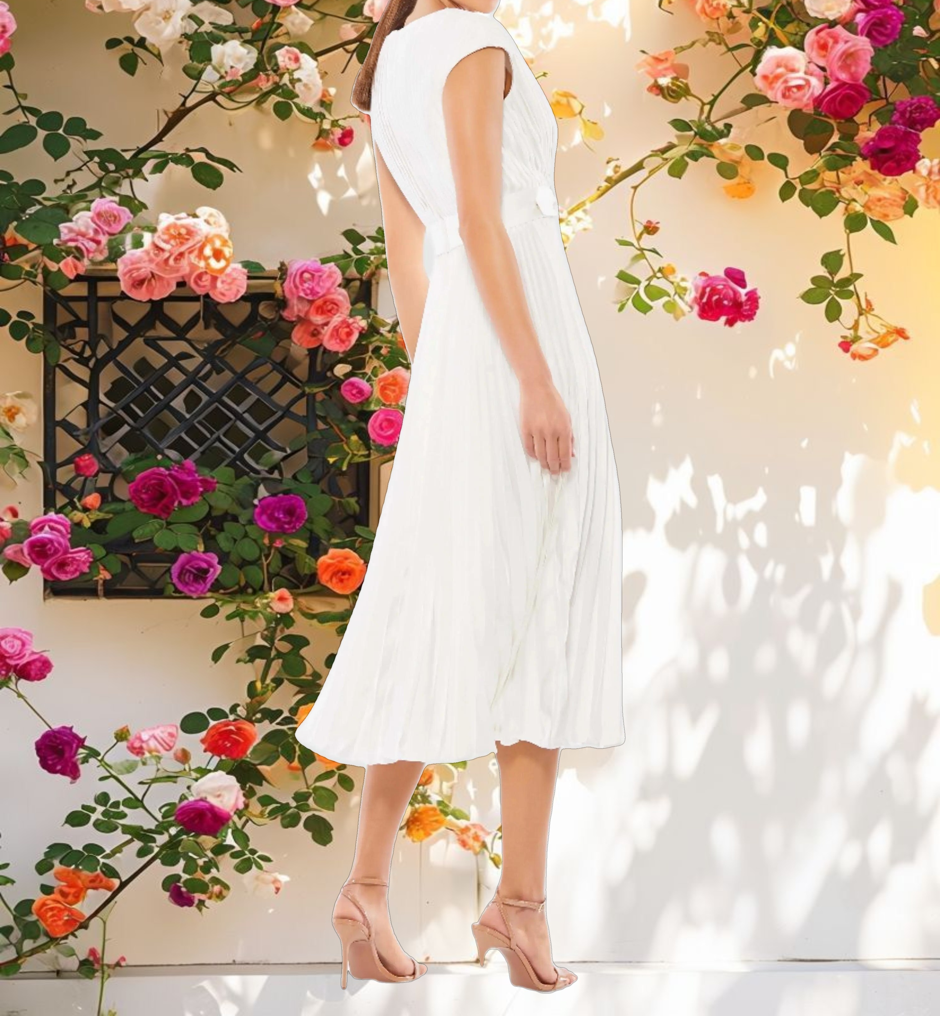 White Pleated Cap Sleeve Belted A Line Dress