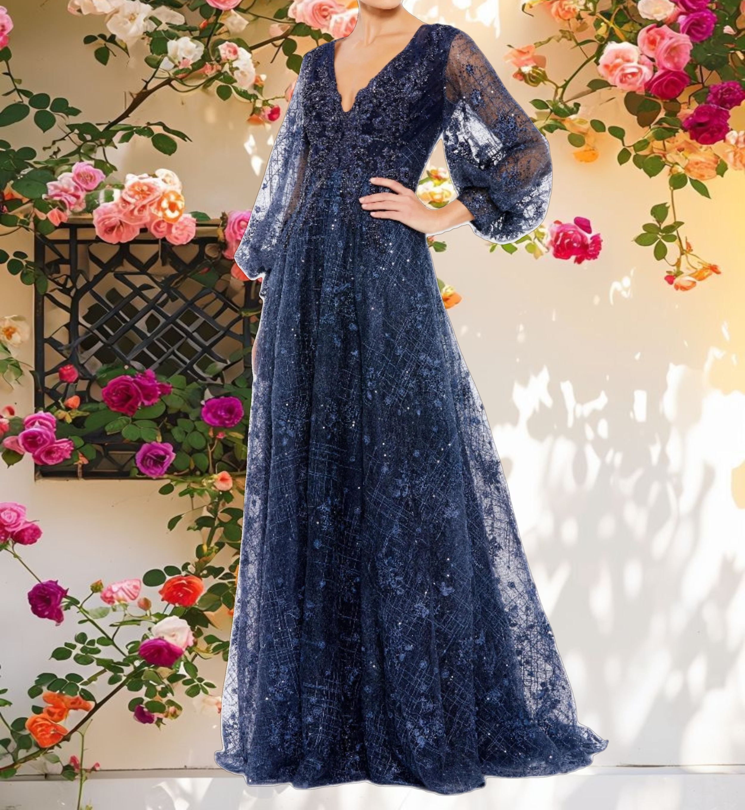 Blue Embellished Plunge Neck Puff Sleeve A Line Gown