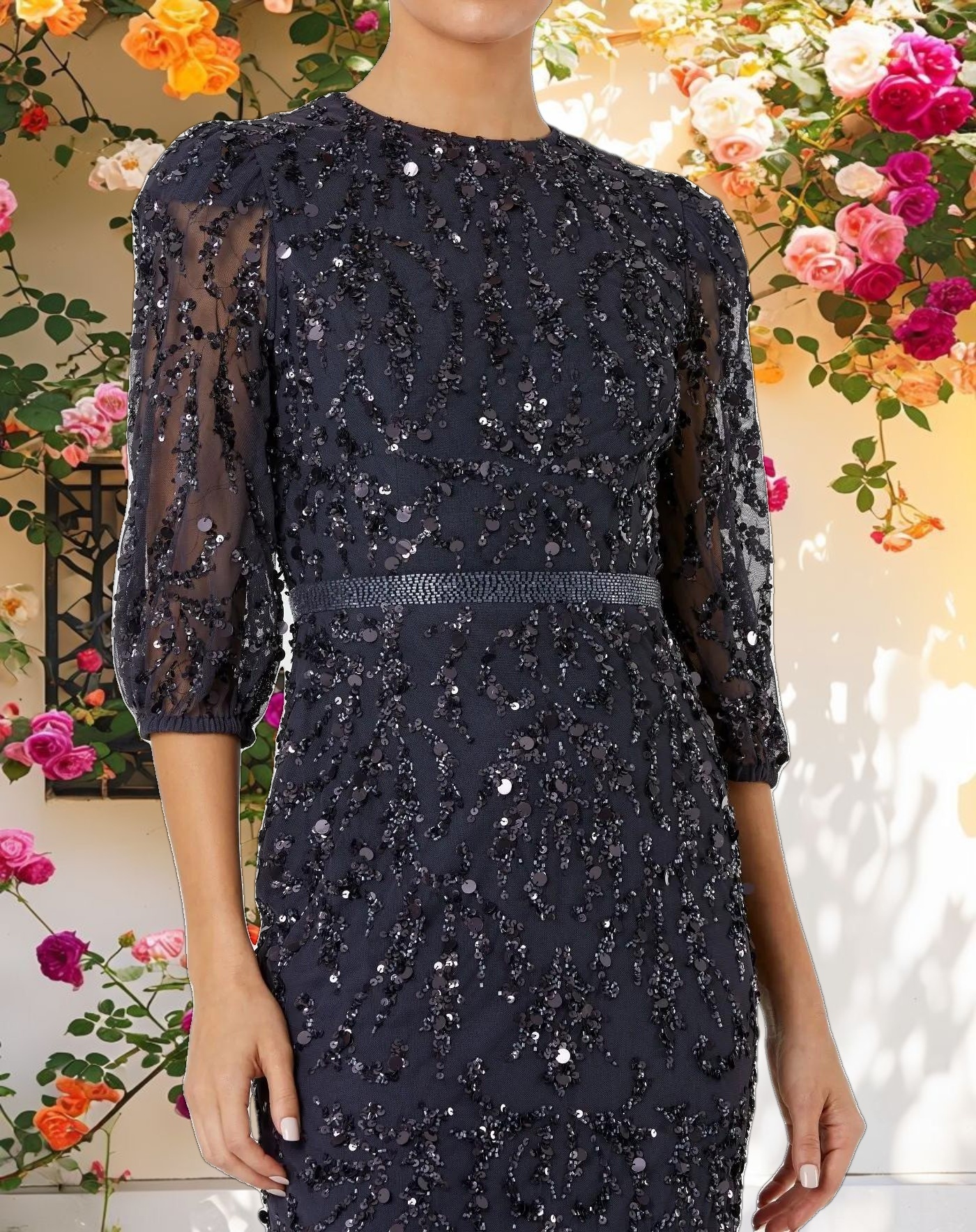 Blue Arm Length Decorated Dress