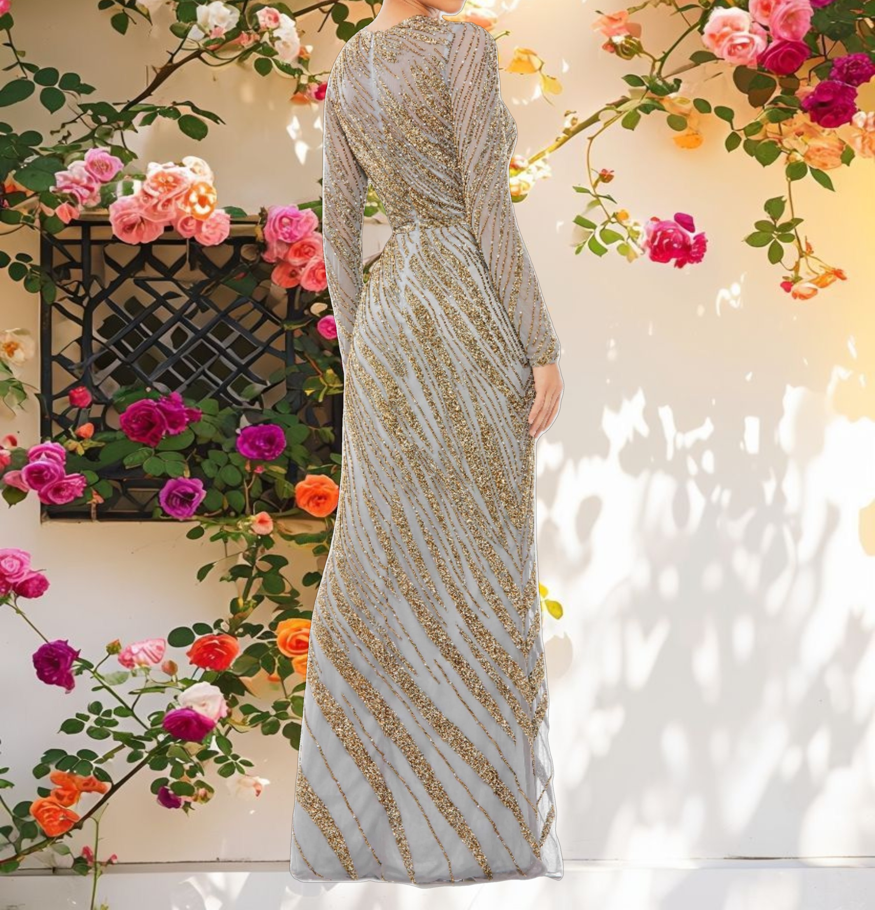 Gold and Blue Long Sleeve Beaded Column Gown