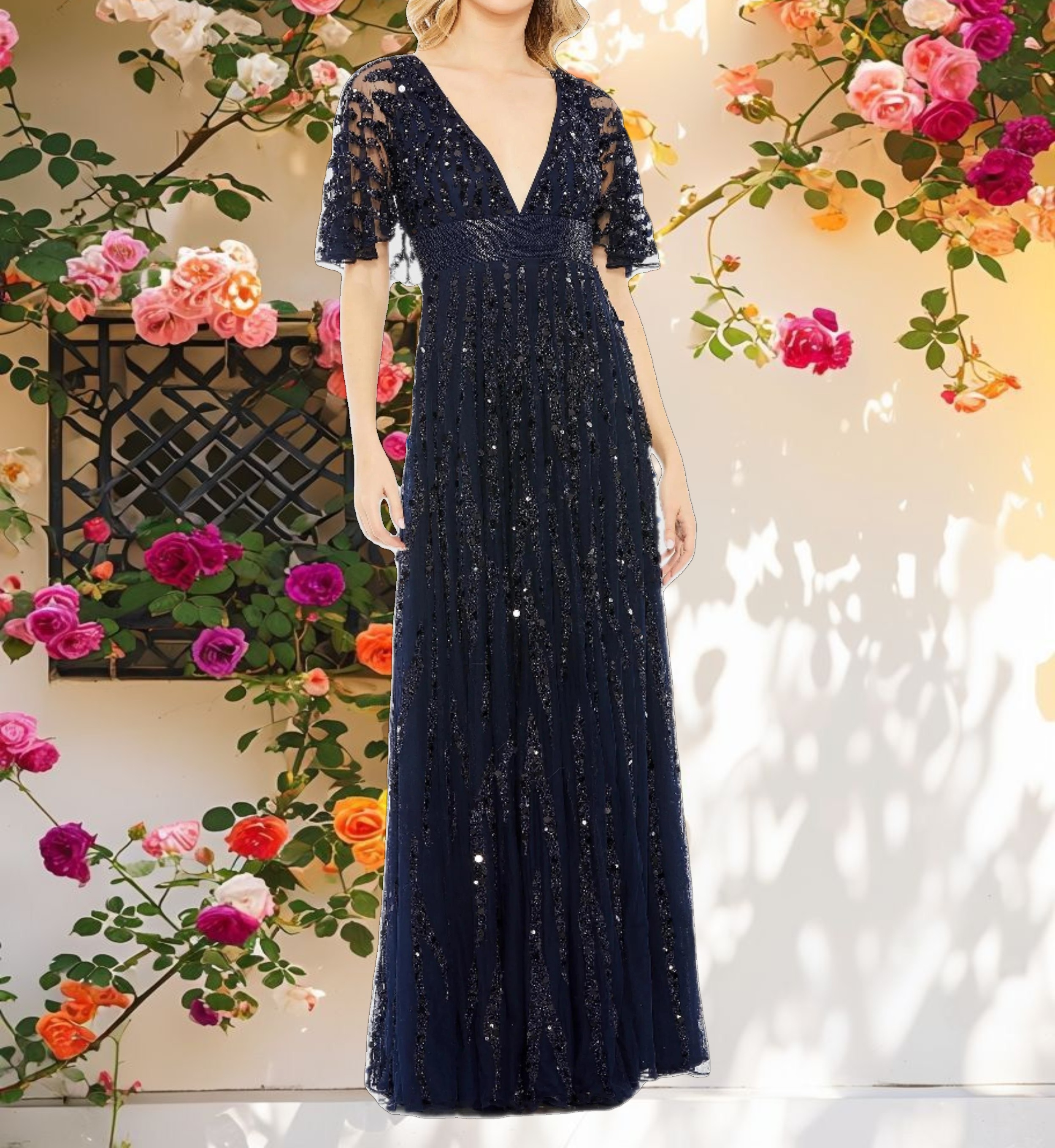 Embellished V neck Empire Waist Gown