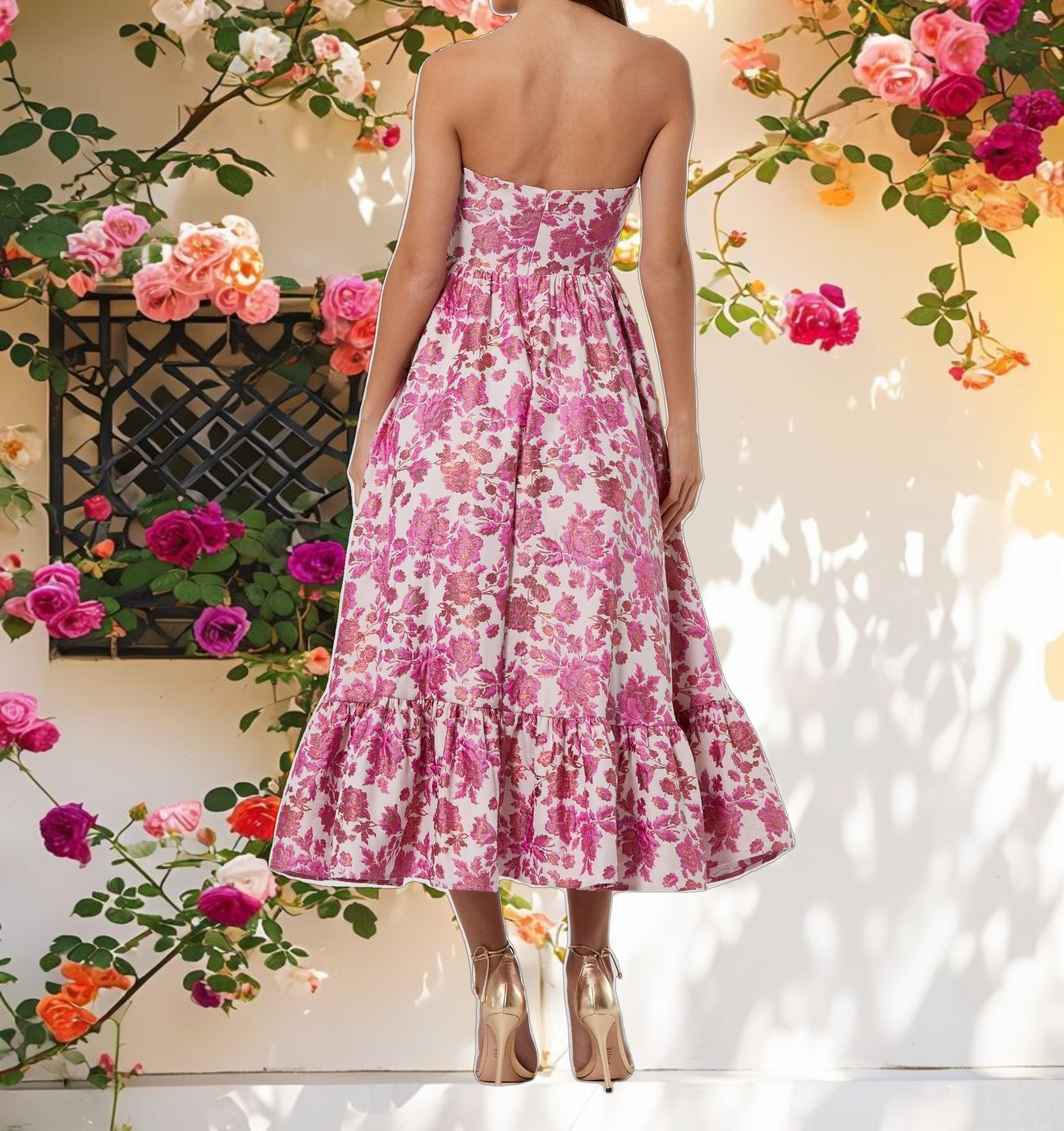 Pink Floral Brocade Strapless A Line Midi Dress