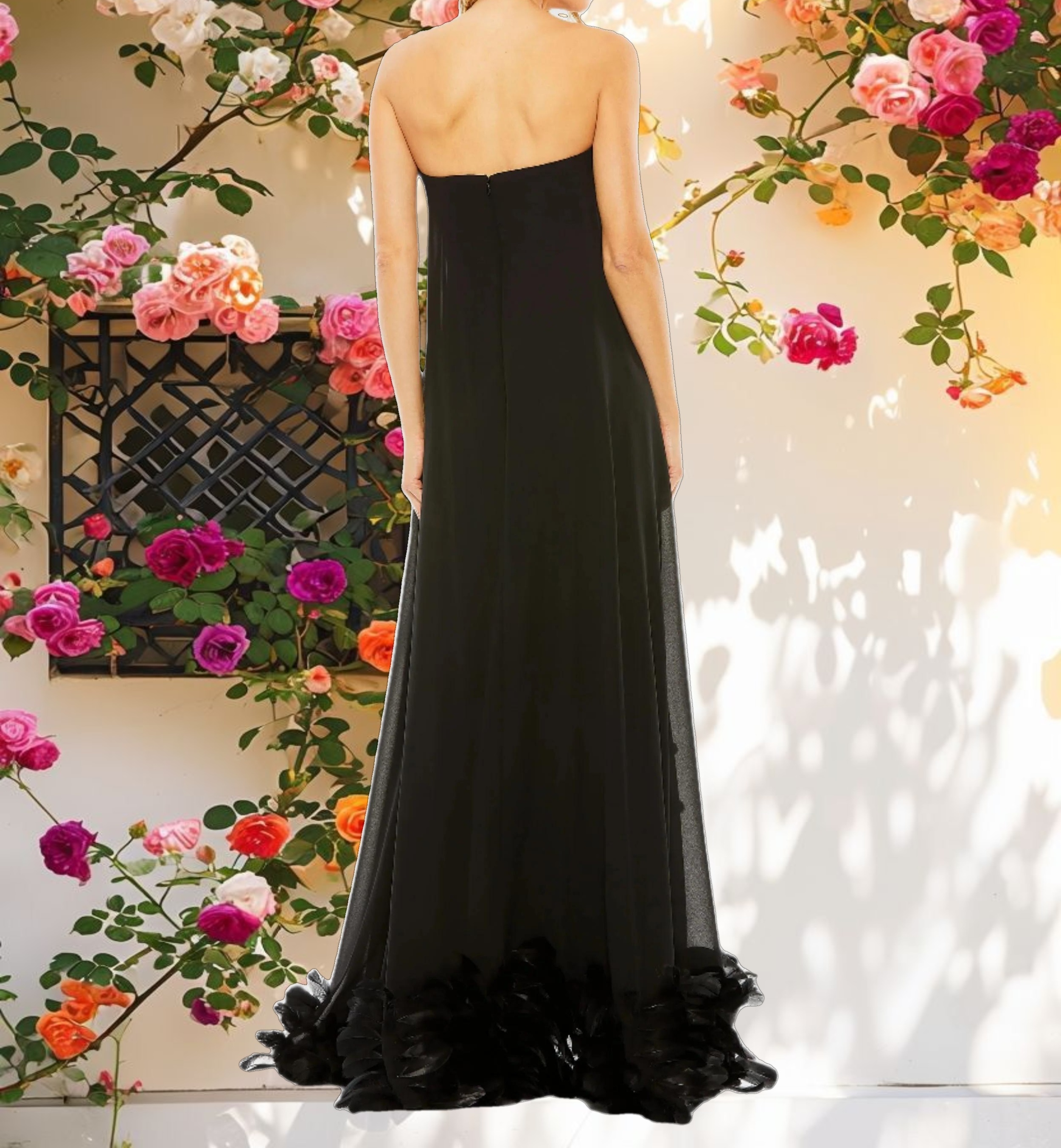 Black Strapless Flare Feather Hem Gown