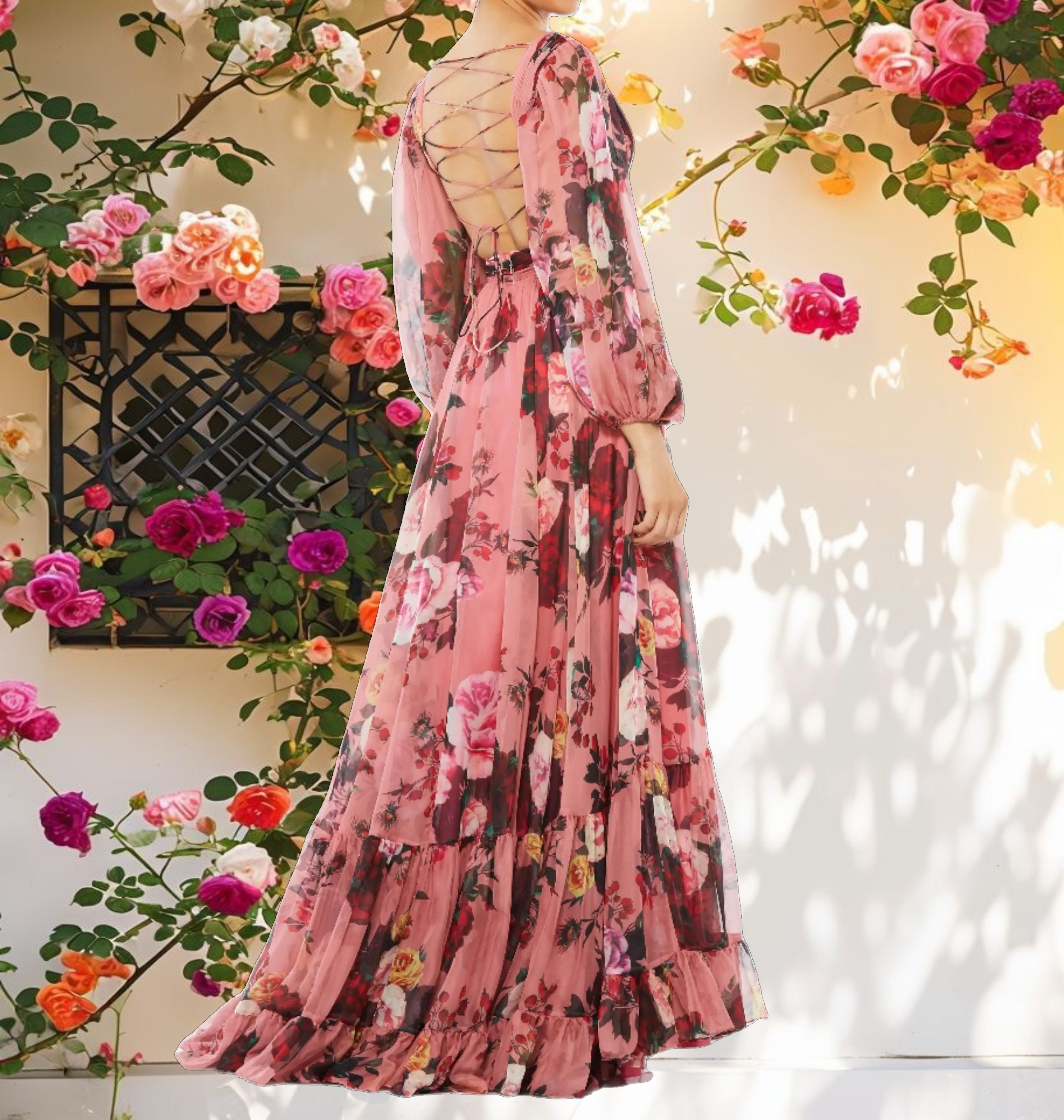 Pink Floral Cutout Open Back Blouson Sleeve Dress