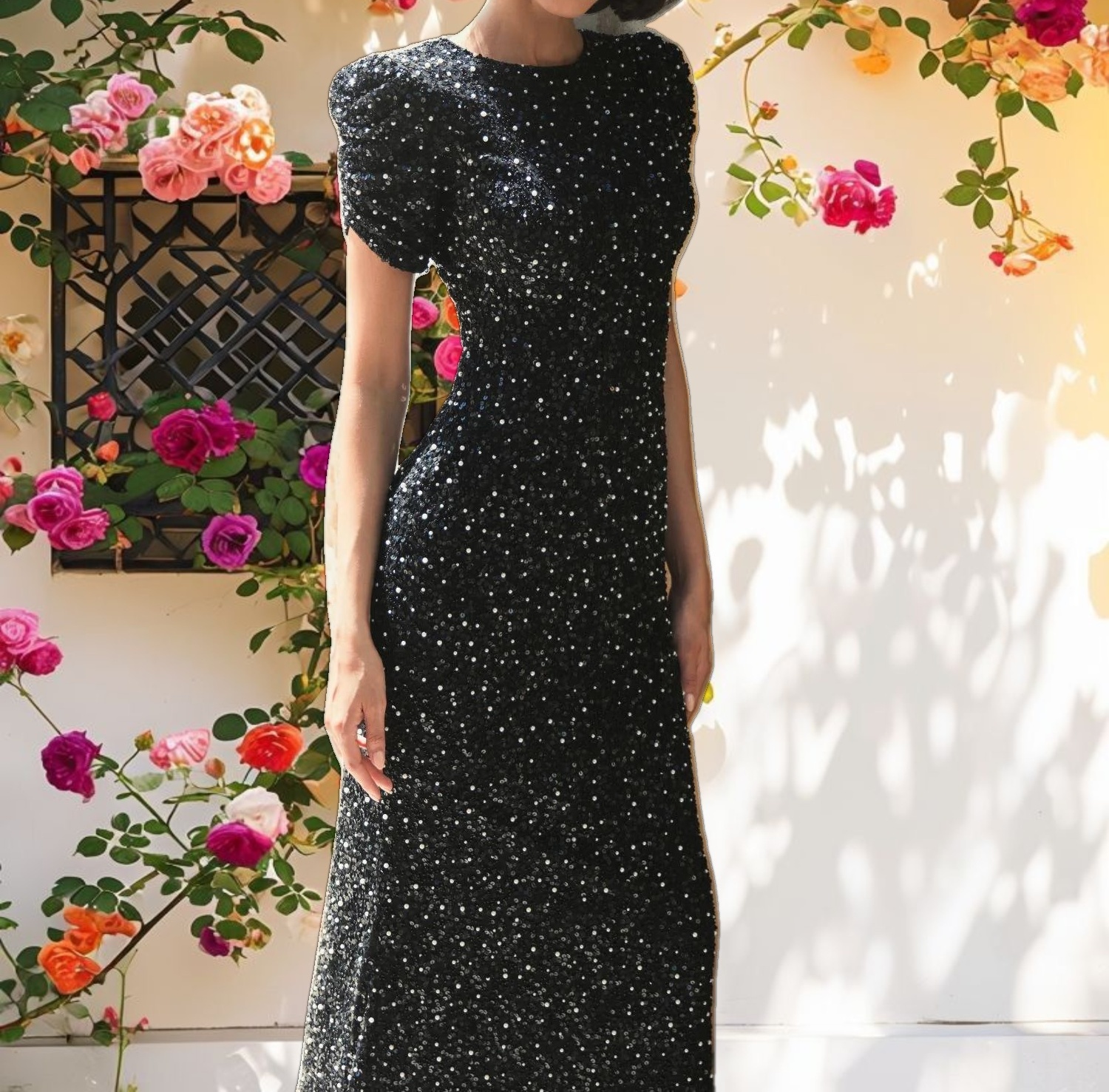 Gathered Short Sleeve Beaded Gown