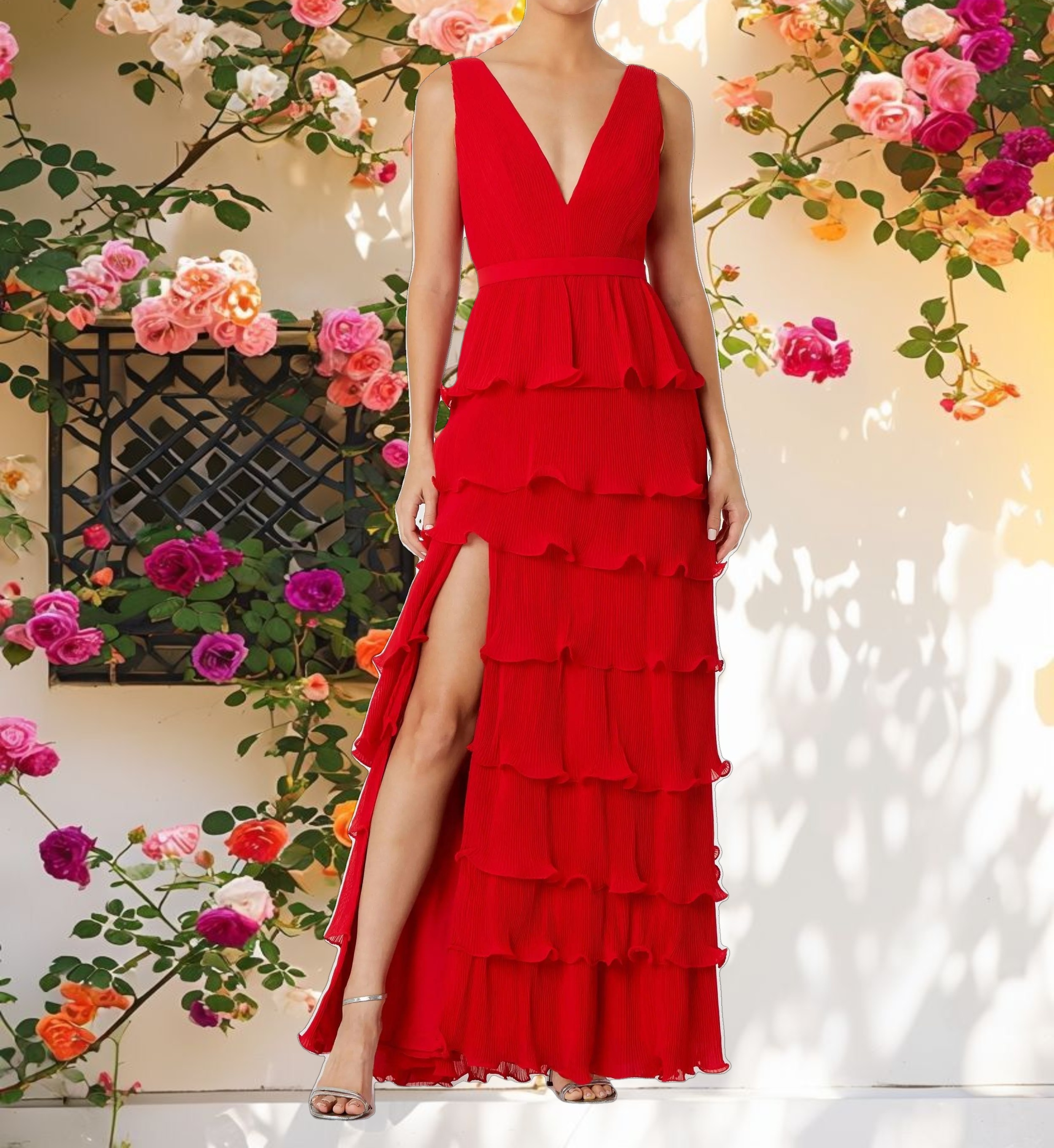 Red V Neck Ruffle Tiered Dress