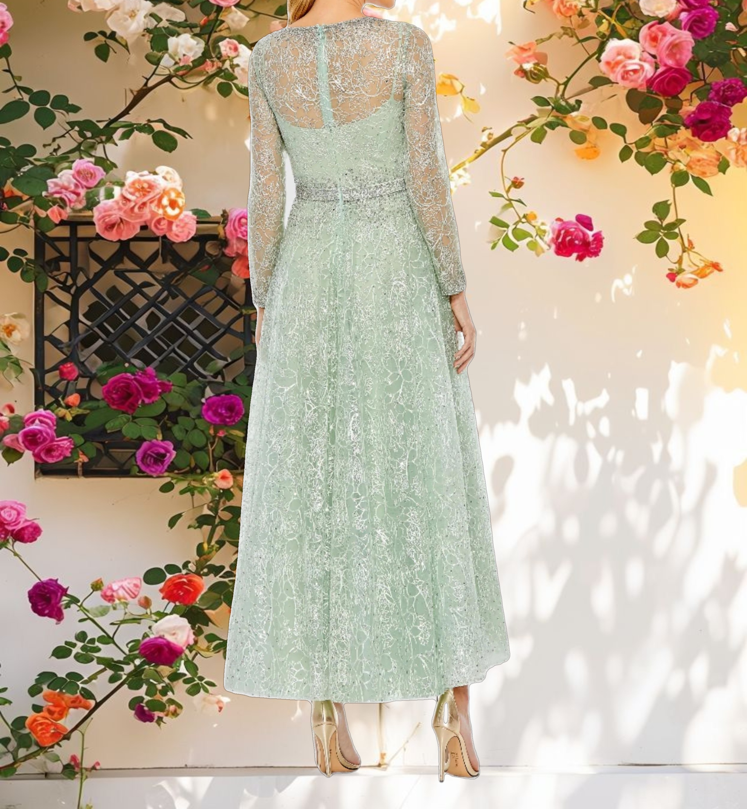 Stitched Decorated Wrap Over Long Sleeve Midi Dress