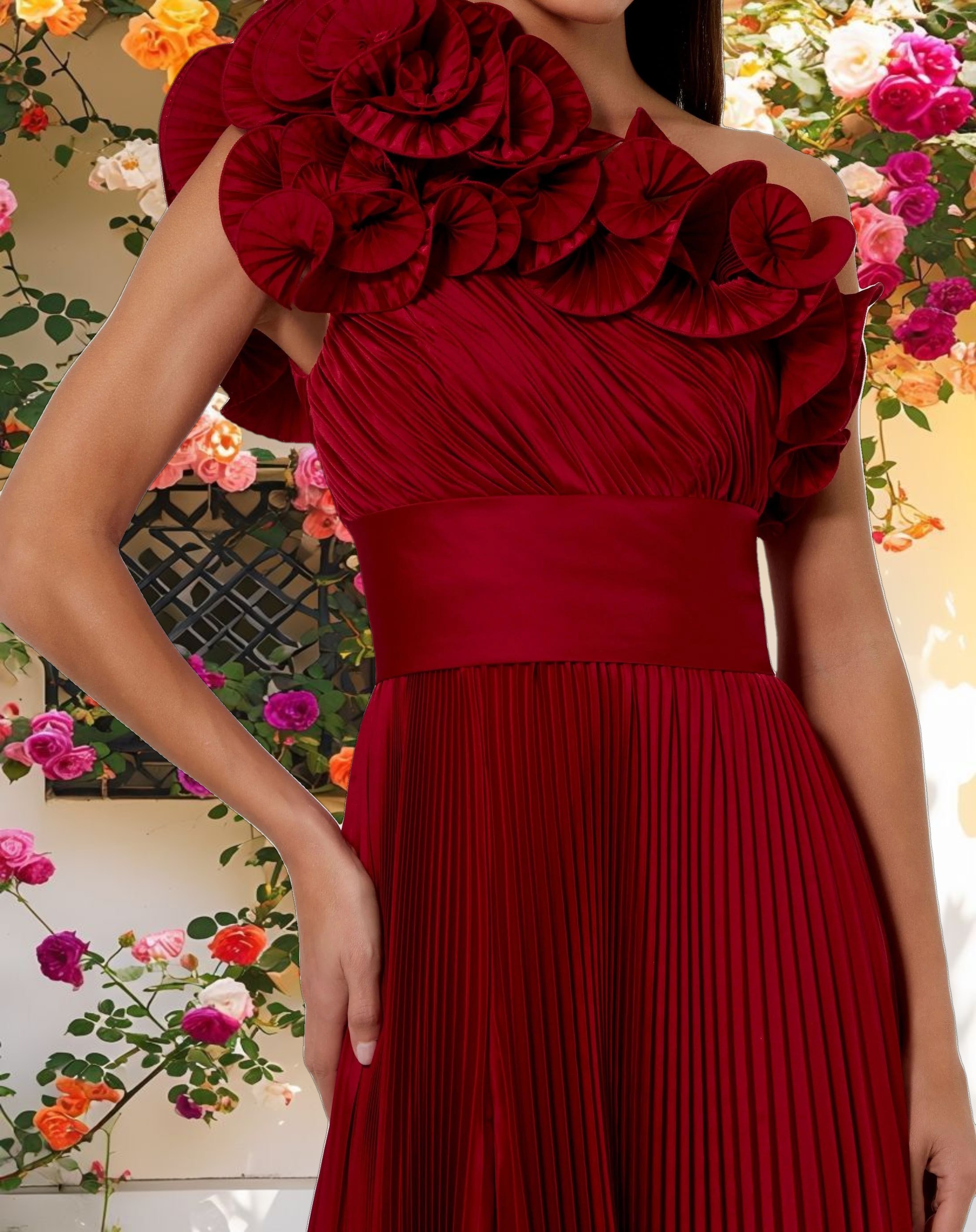 Red Pleated Ruffle One Shoulder Gown