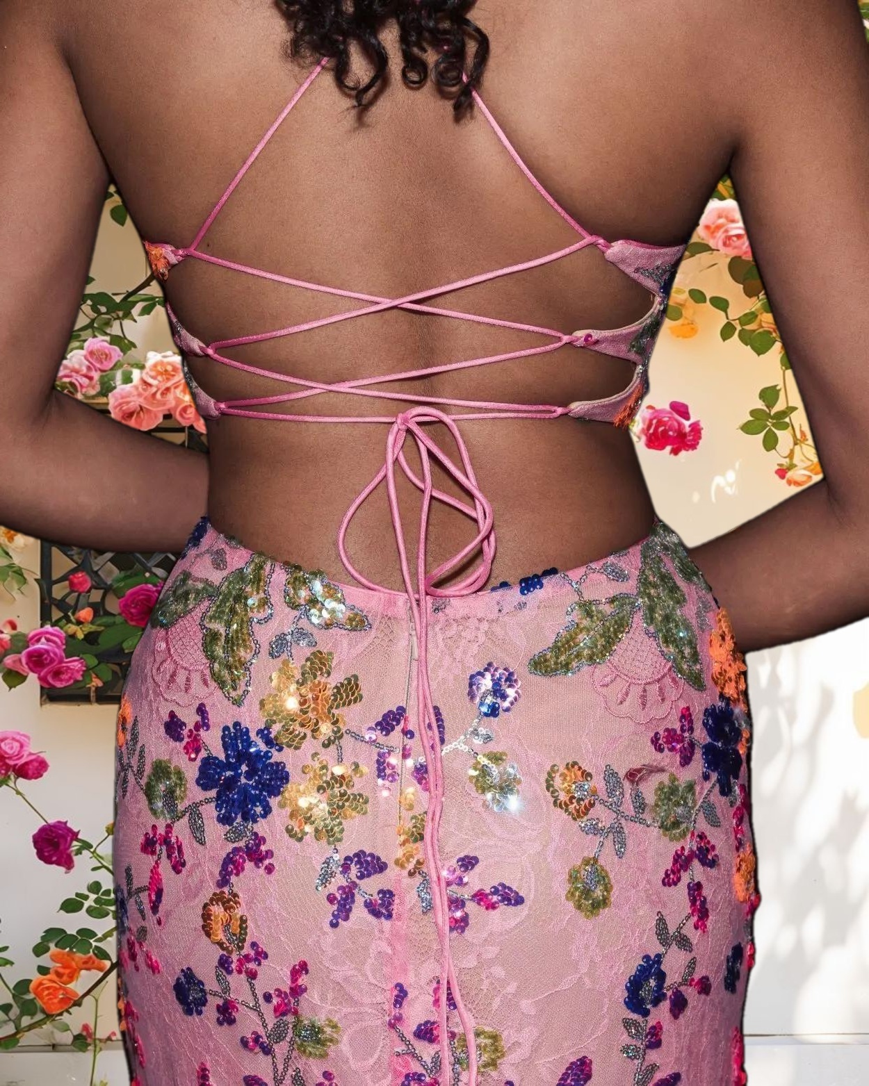 Pink Embellished Lace Strappy Column Gown