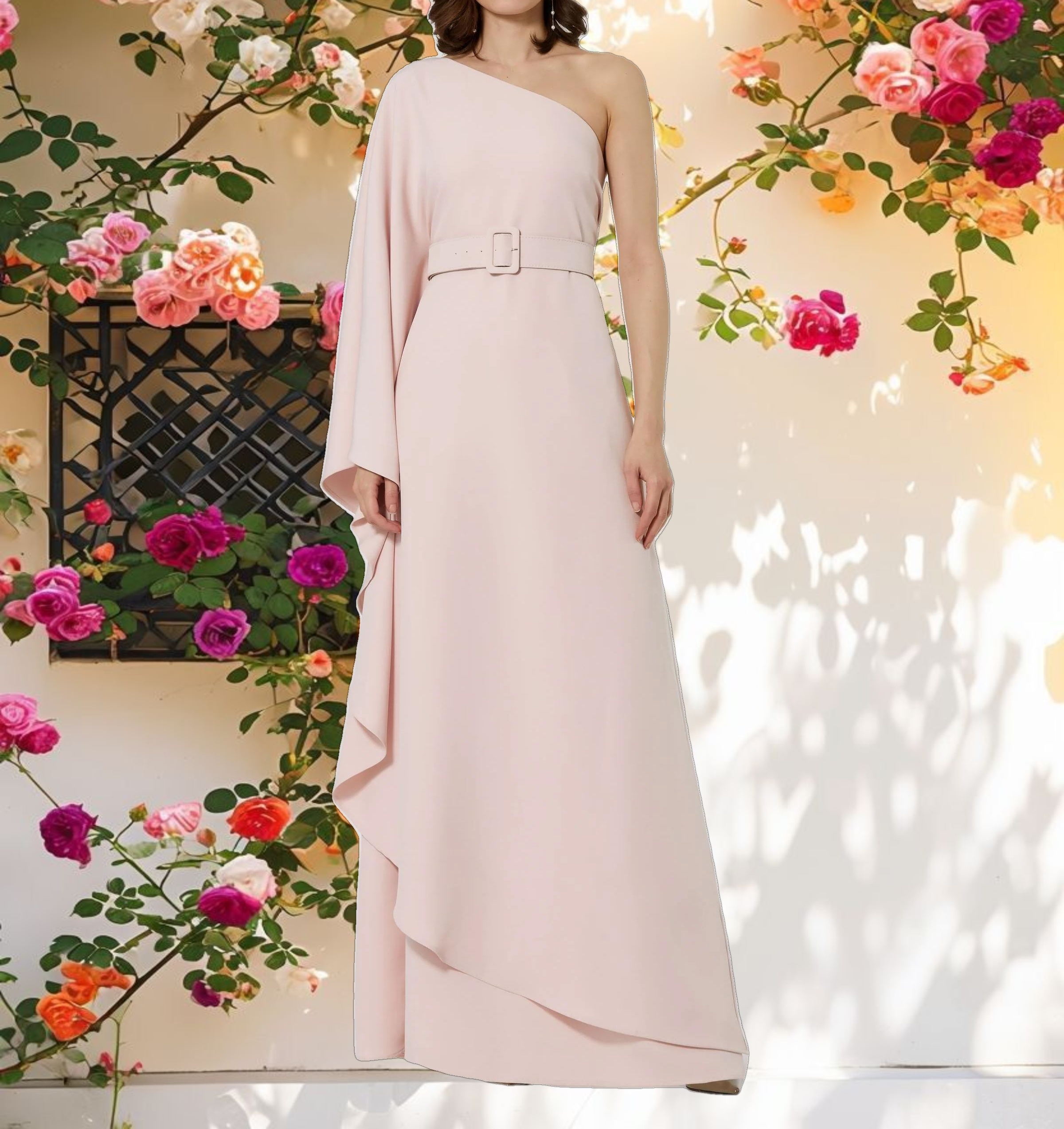 Pink Crepe One Sleeve Belted Kaftan Dress