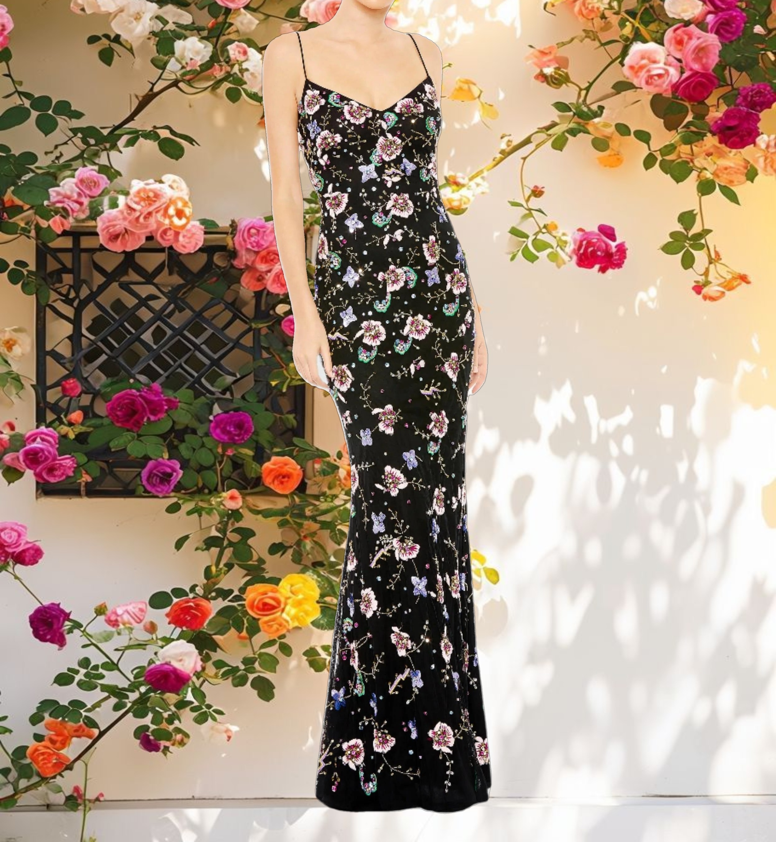 Embellished Spaghetti Strap Lace Up Gown