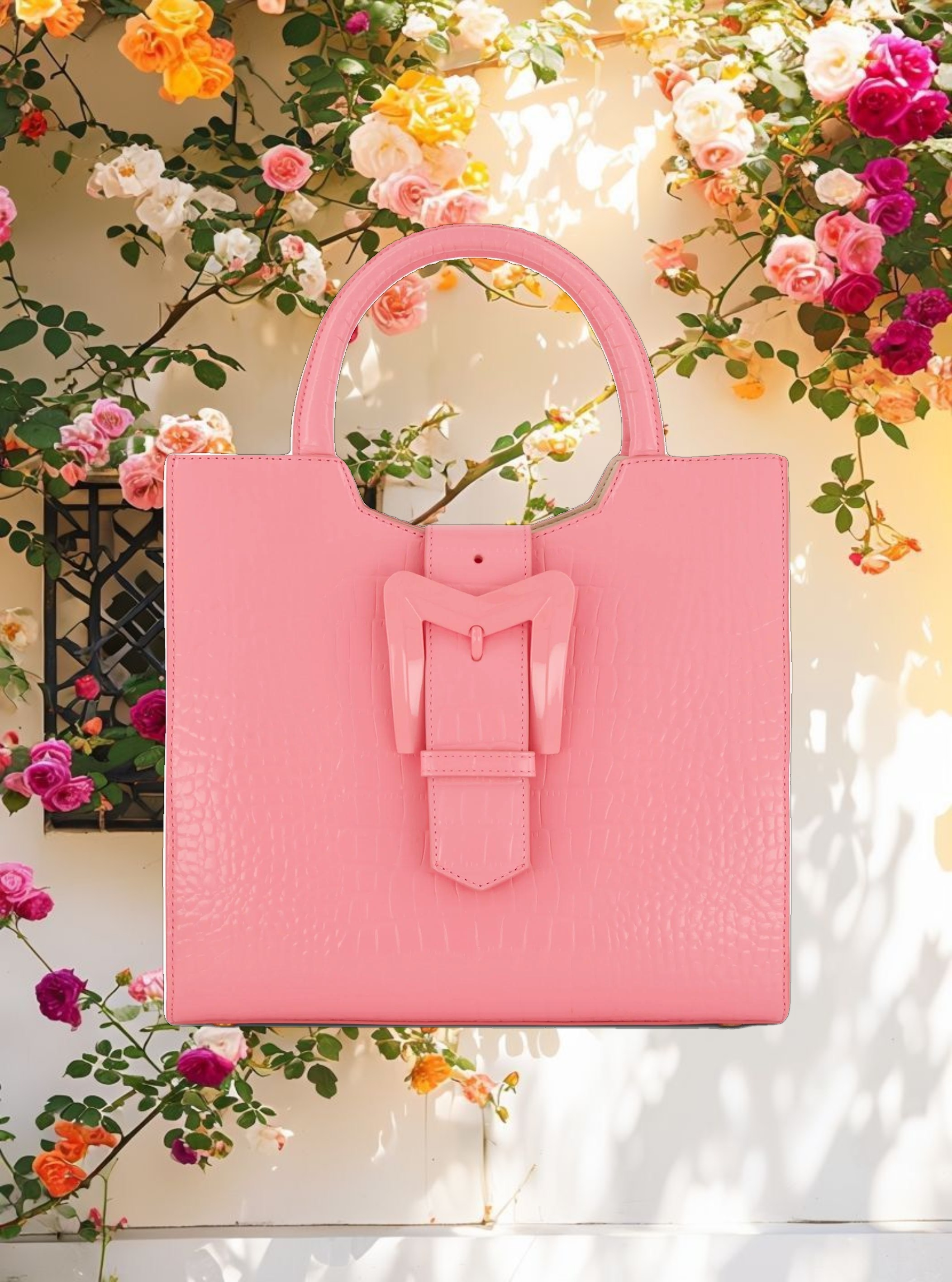 Buckled Medium Croco Hibiscus Leather Tote Bag with Detachable Strap