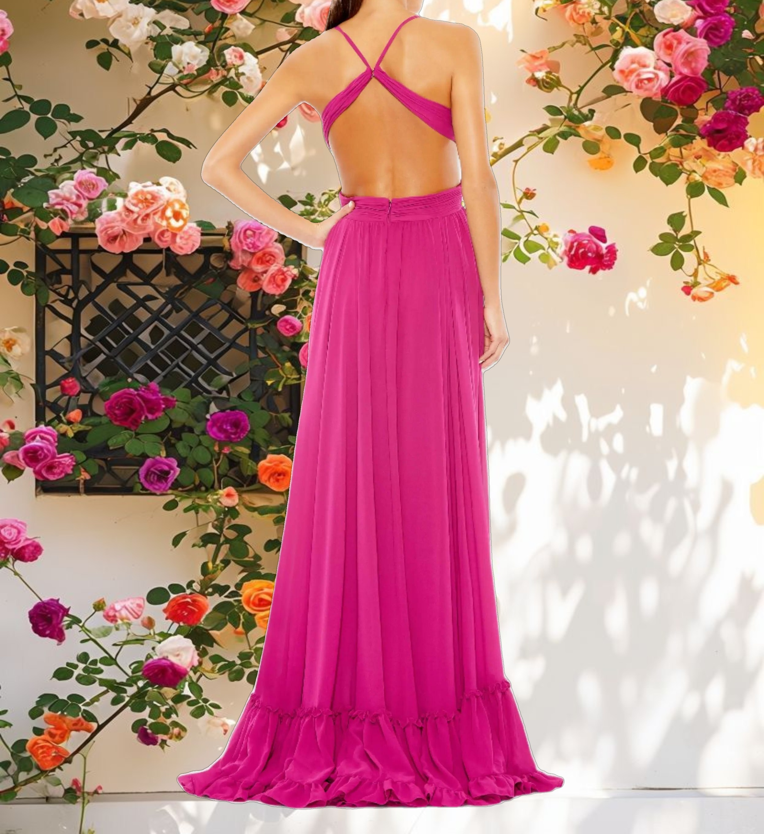 Pleated Cut Out Sleeveless Evening Dress with Ruffles