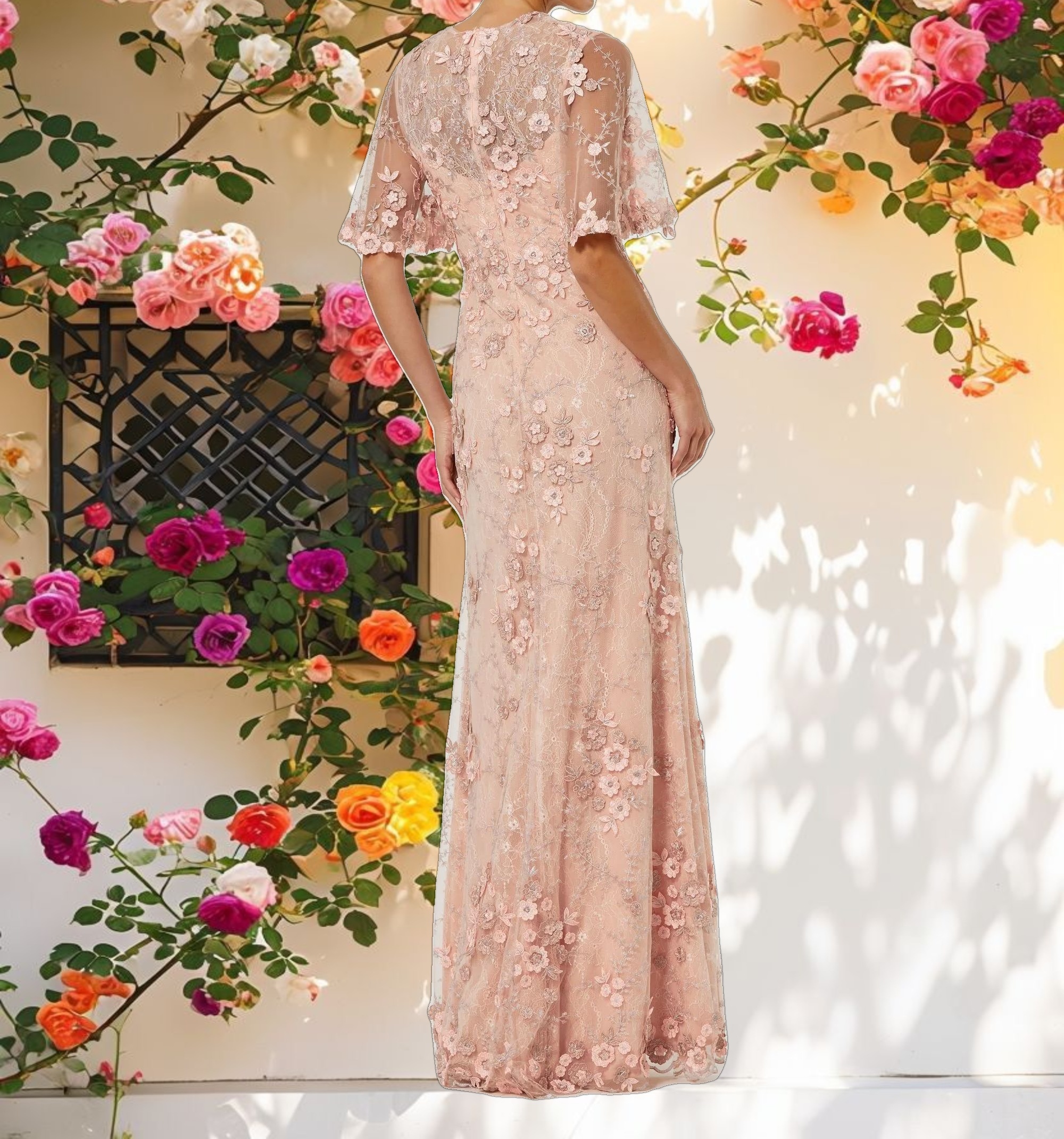 Pink Flutter Sleeve Floral Embroidered Net Gown