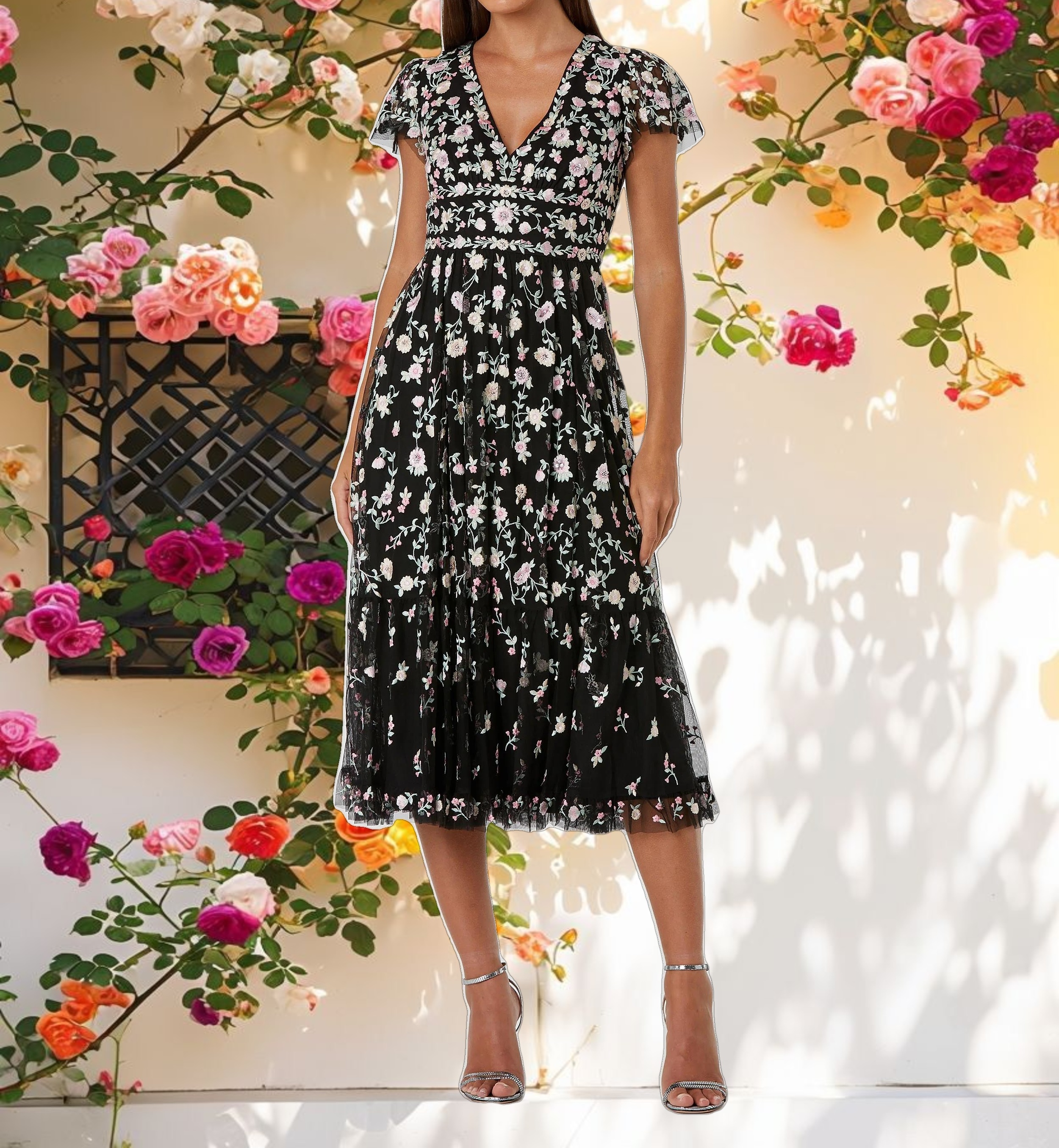 Black Multicolor Embroidered V Neck Cap Sleeve Midi Dress