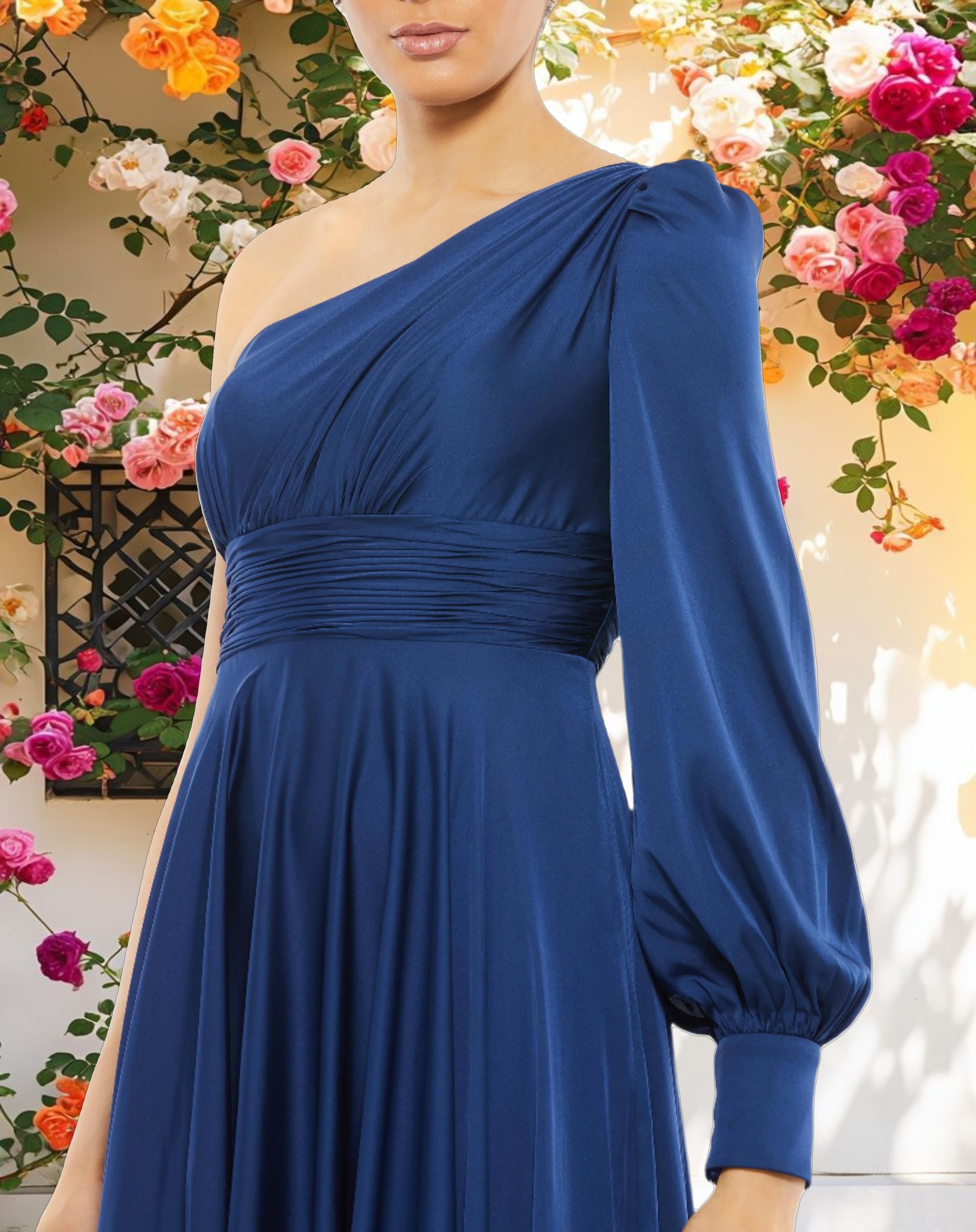 Navy One Shoulder Bishop Sleeve Flowy Gown
