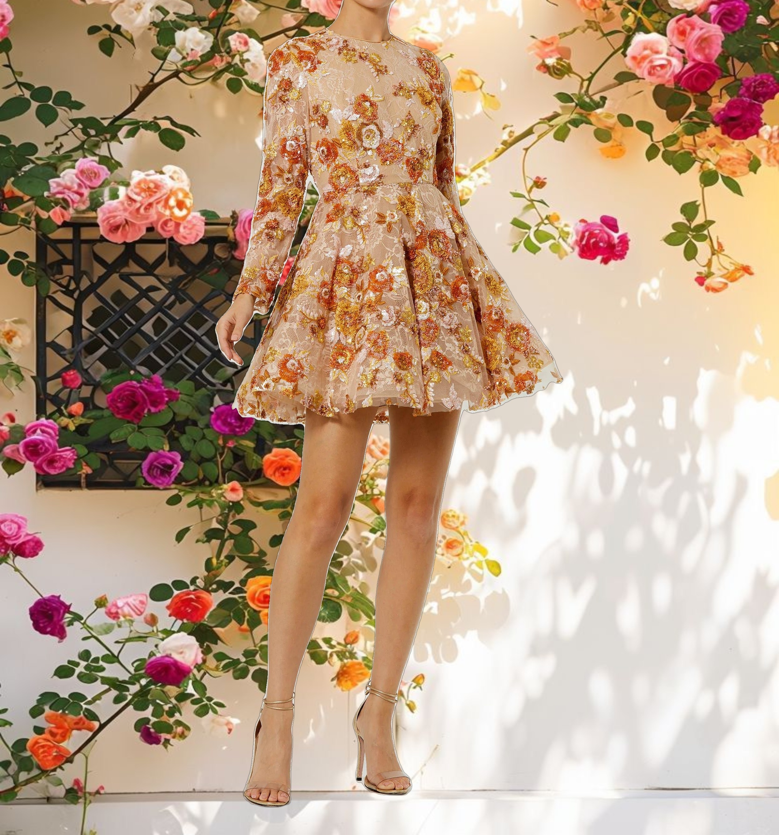 Beige High Neck Long Sleeve Sequin A Line Mini Dress