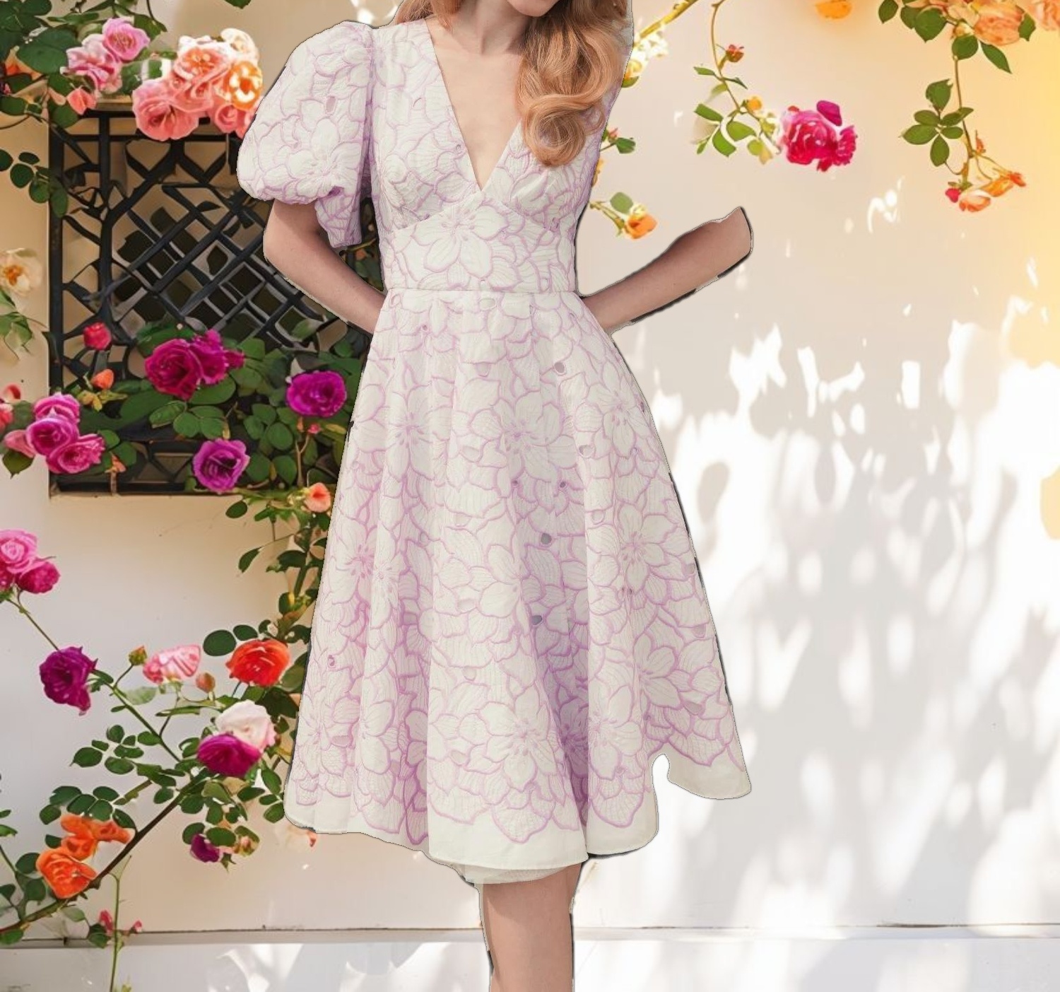Multicolor Embroidered Floral Puff Sleeve Midi Dress