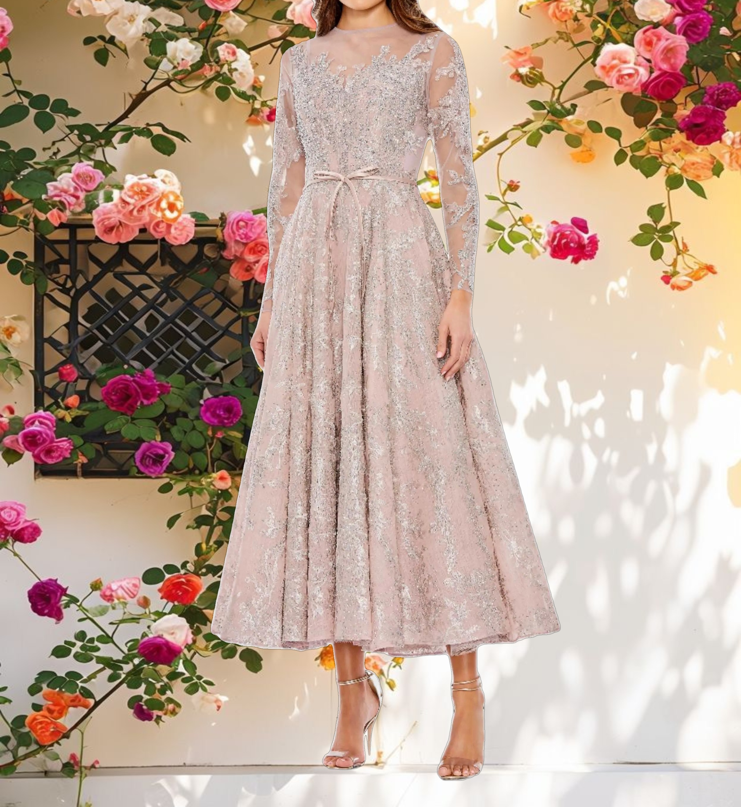 Embellished Bow Belt Illusion Long Sleeve A Line Dress