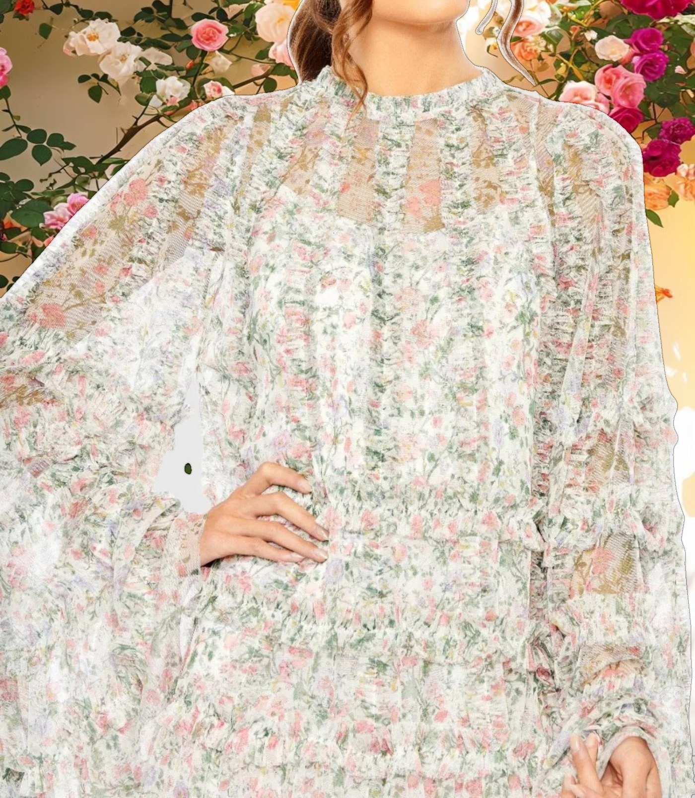 Floral Print Long Flare Sleeve Mesh A Line Dress