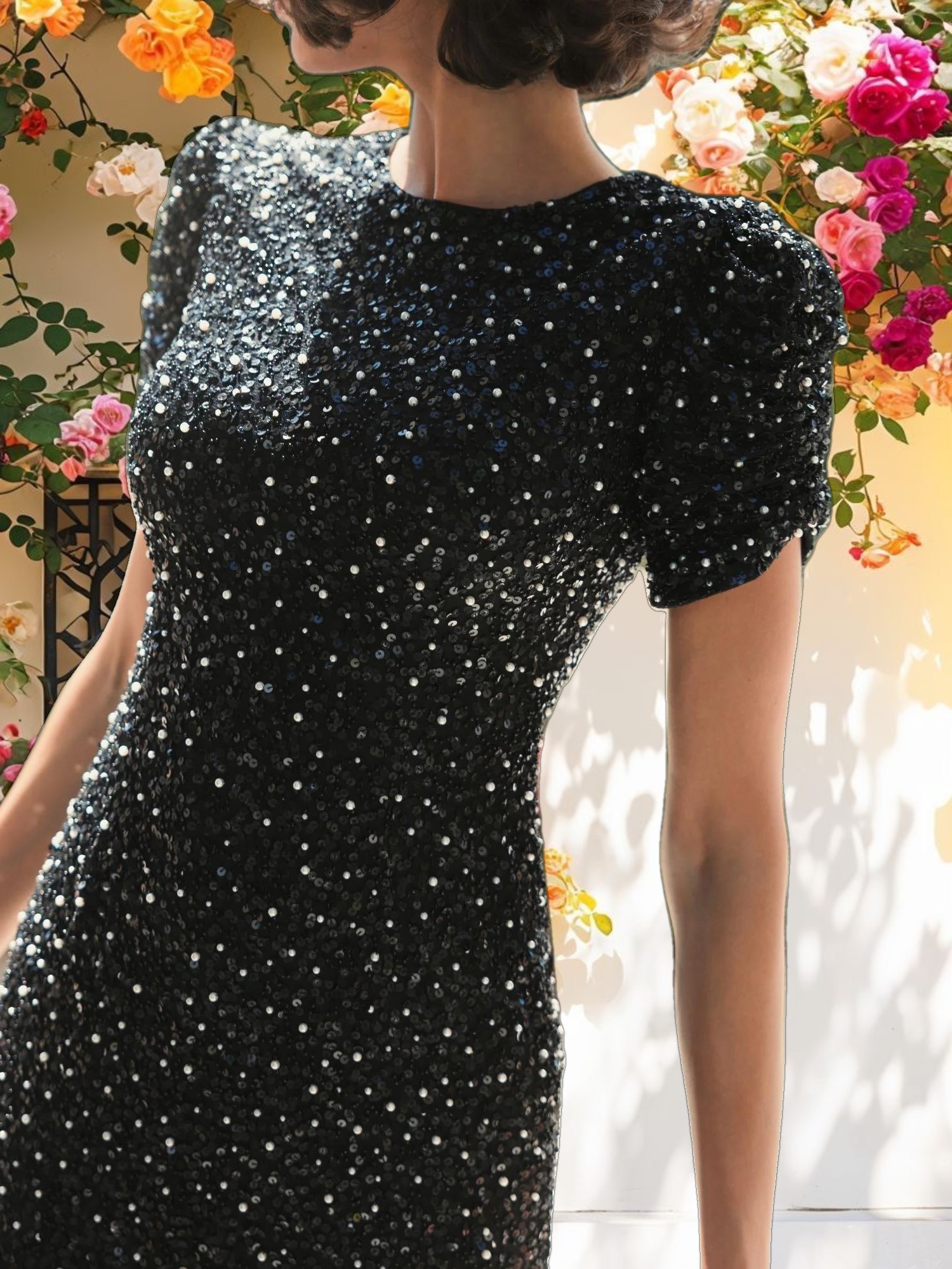 Gathered Short Sleeve Beaded Gown