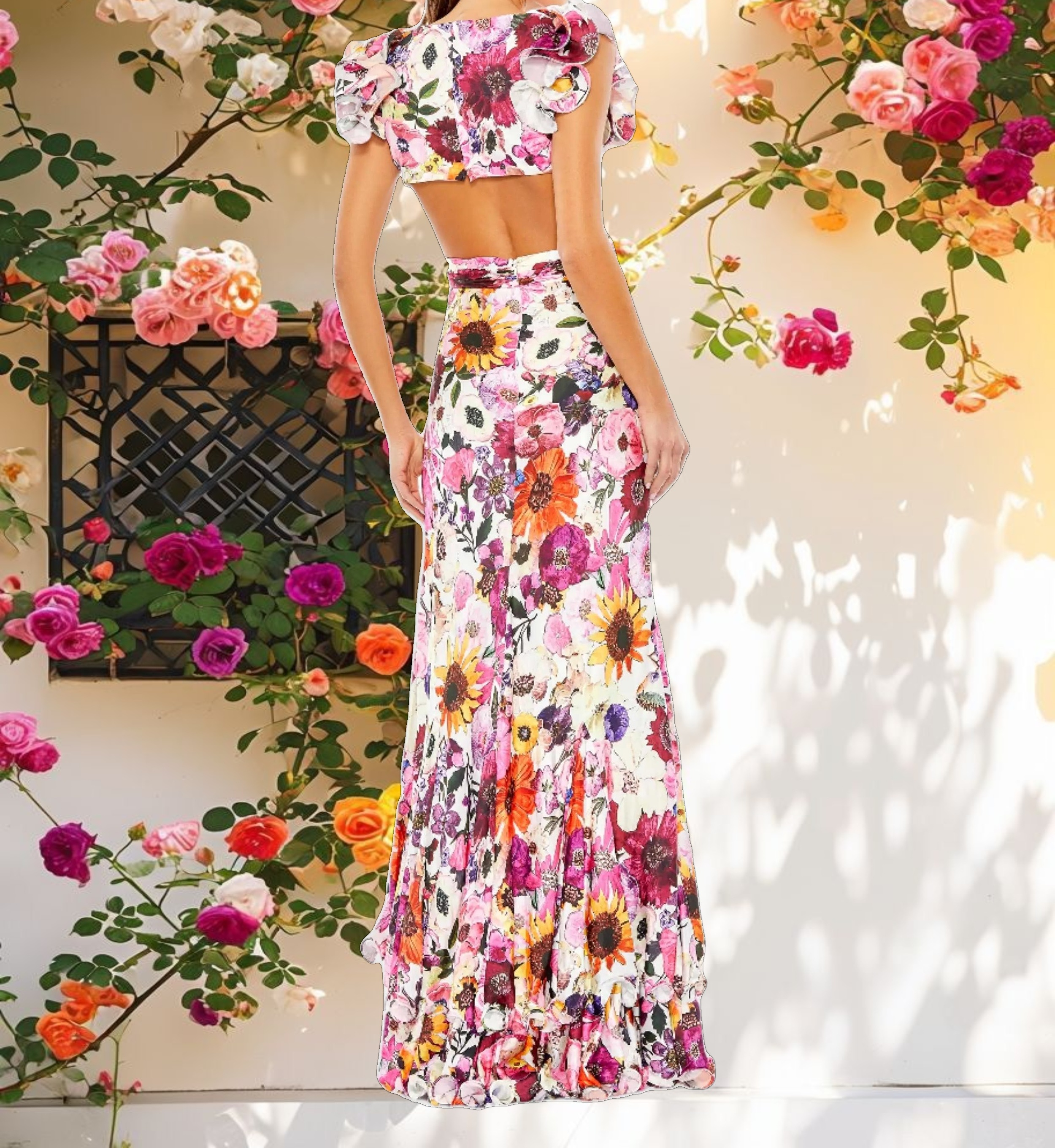Floral Print Ruffle Shoulder Cut Out Gown