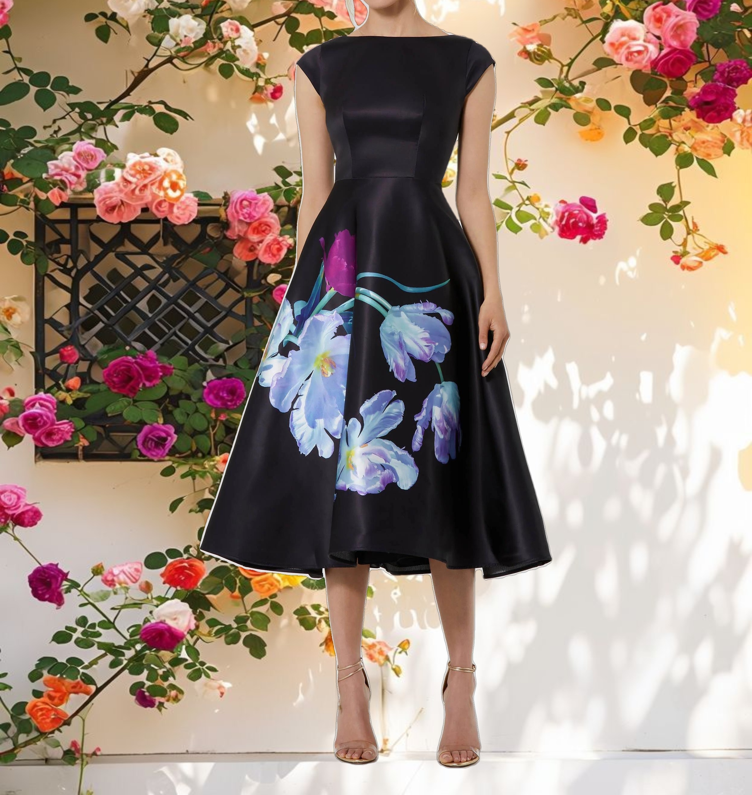 Black Satin Cap Sleeve Midi Dress With Floral Print