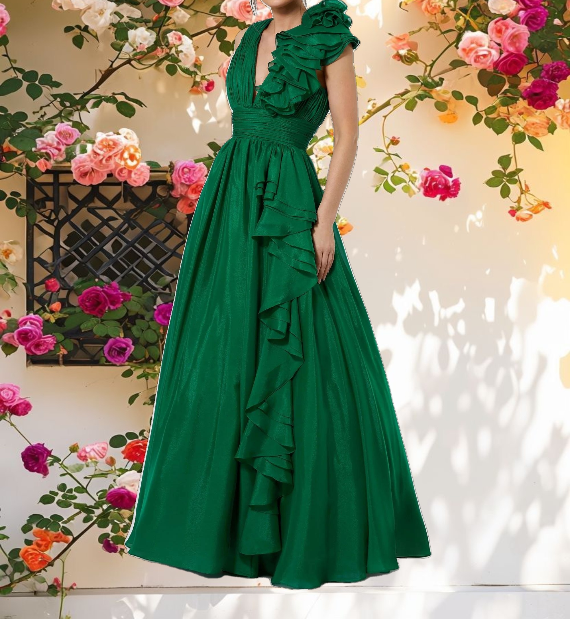 Ruffle Shoulder V-Neck Chiffon Gown