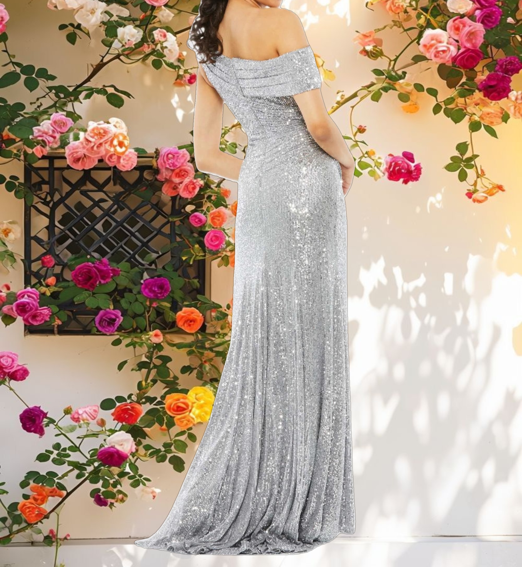 Silver Sequined Drop Shoulder Gown