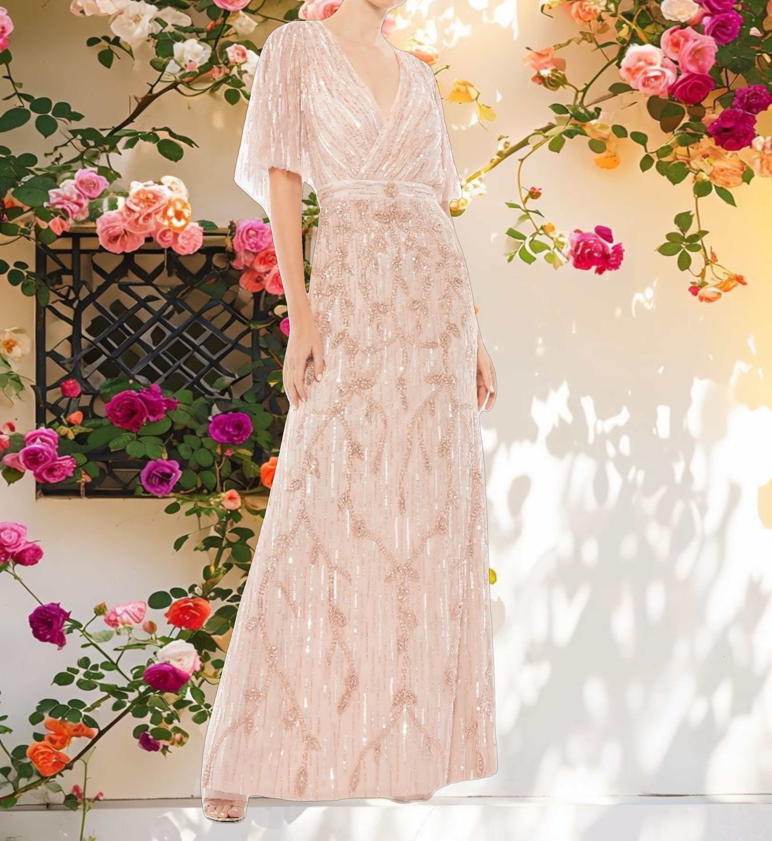 Pink Decorated Cap Sleeve Synthetic Wrap Skirt