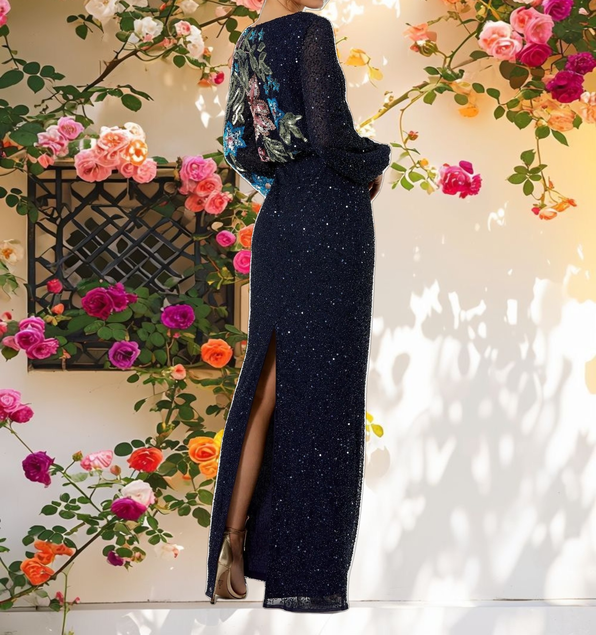 Embellished Multi Color Floral High Neck Gown
