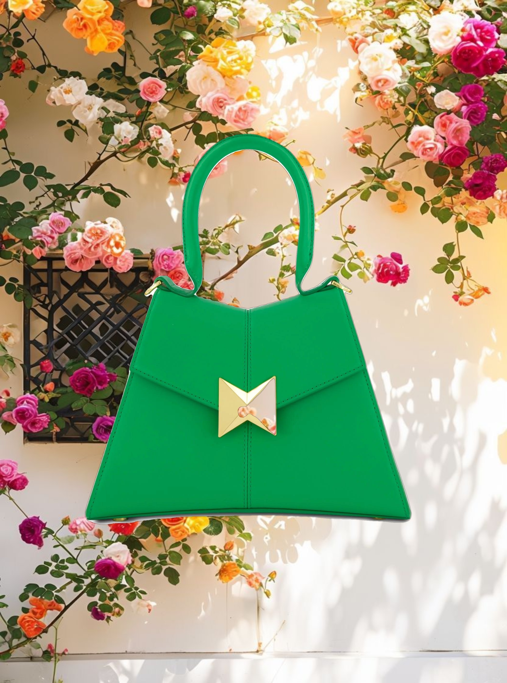 Angular Small Green Leather Handbag With Gold Hardware
