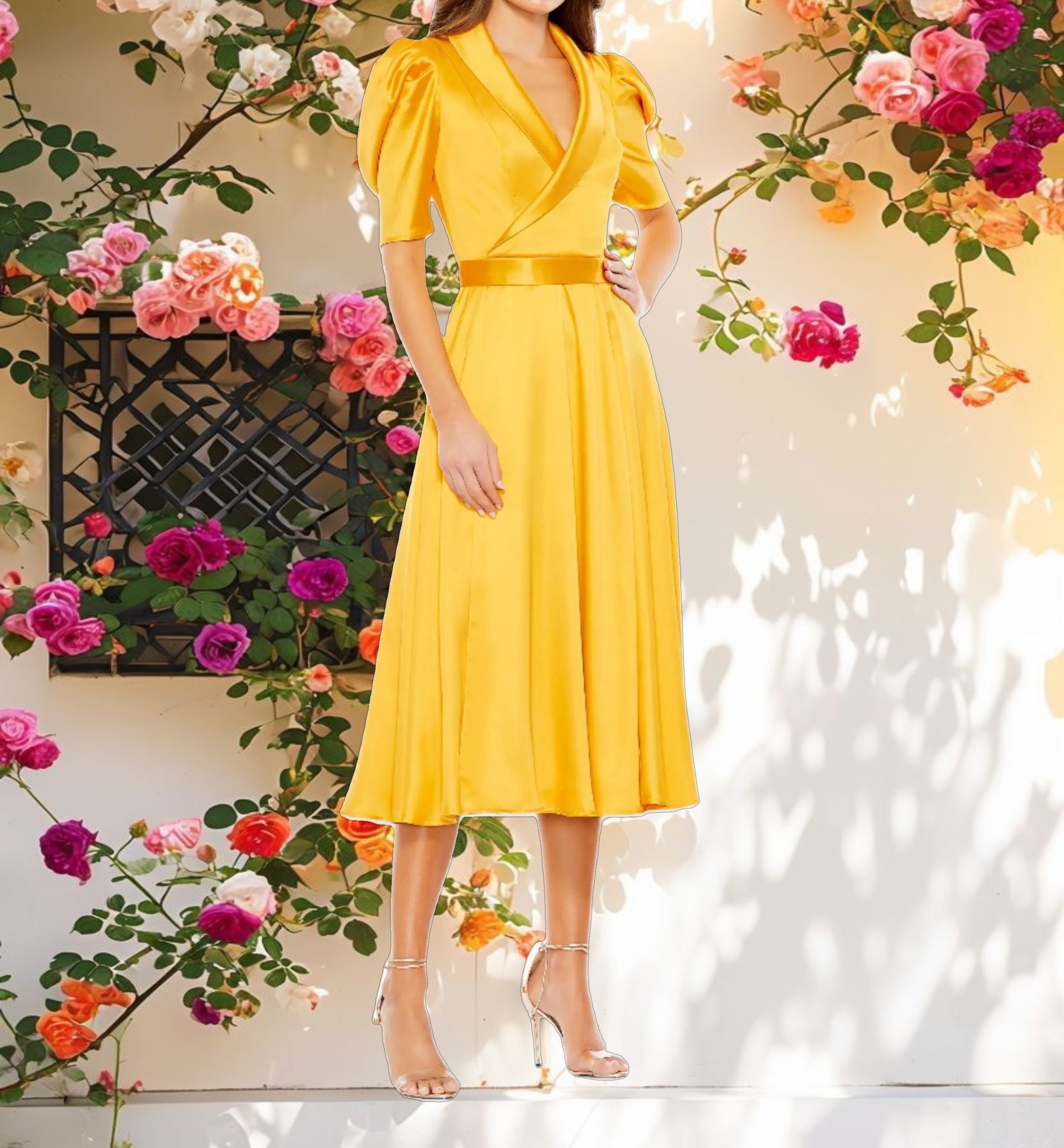 Satin Lapel Puff Sleeve Tea Length Dress