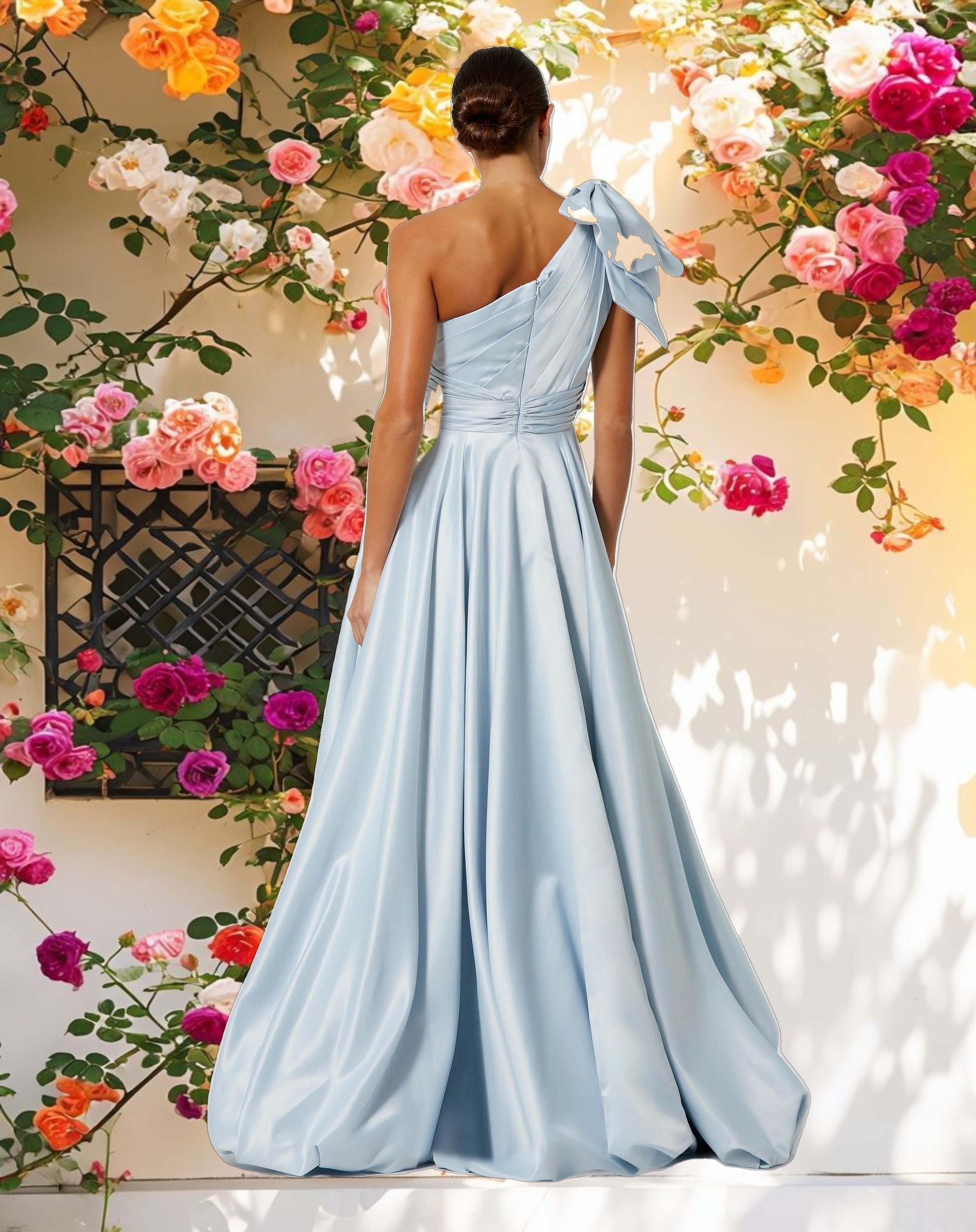 Blue Satin One Shoulder Bow Gown
