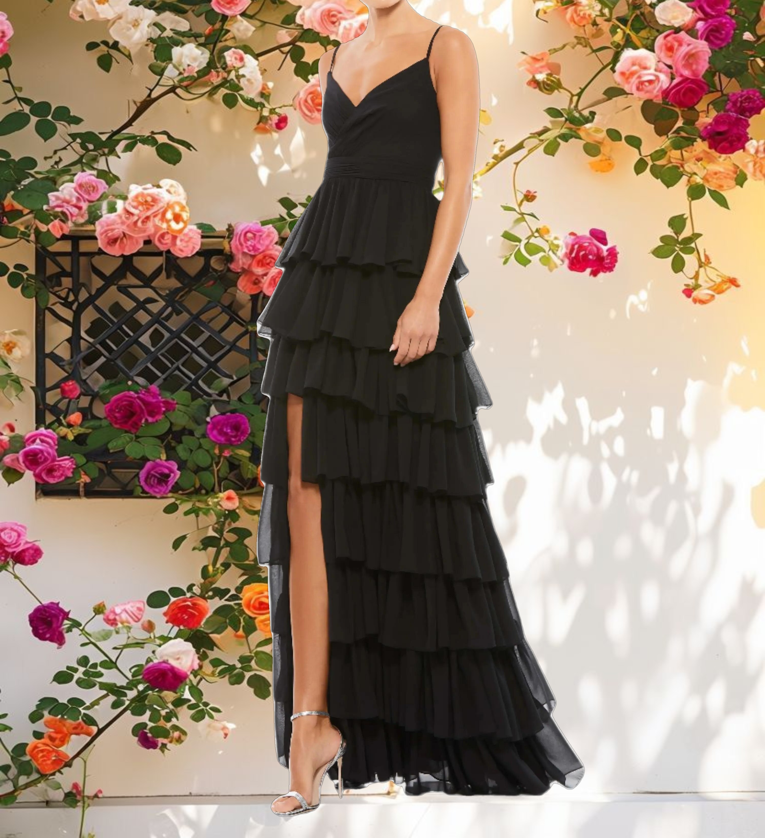Black V Neck Sleeveless Gown with Ruffled Skirt