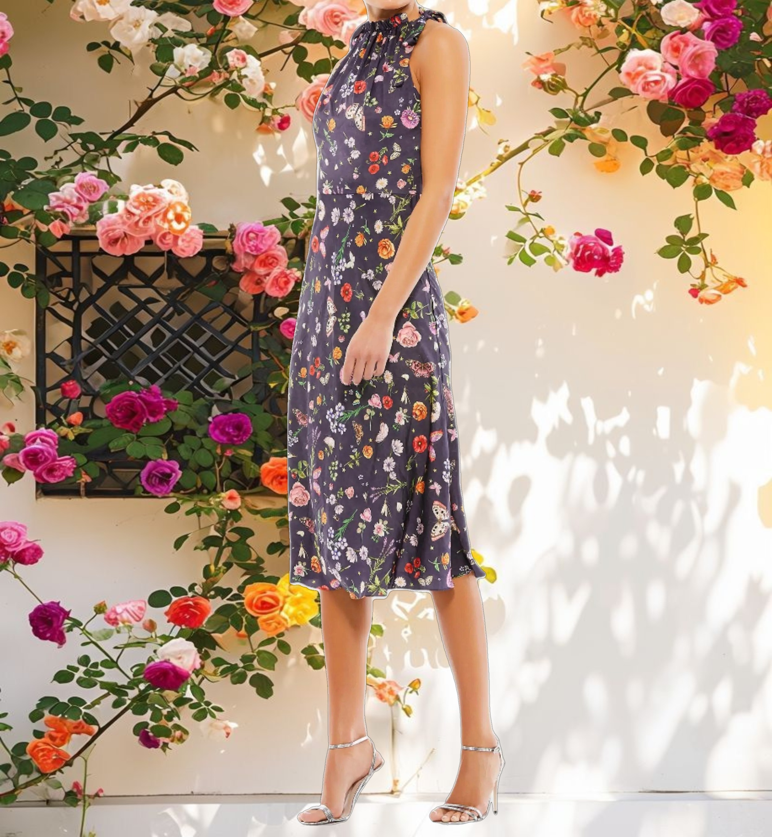 Pink Floral Print Tie Neck Midi Dress