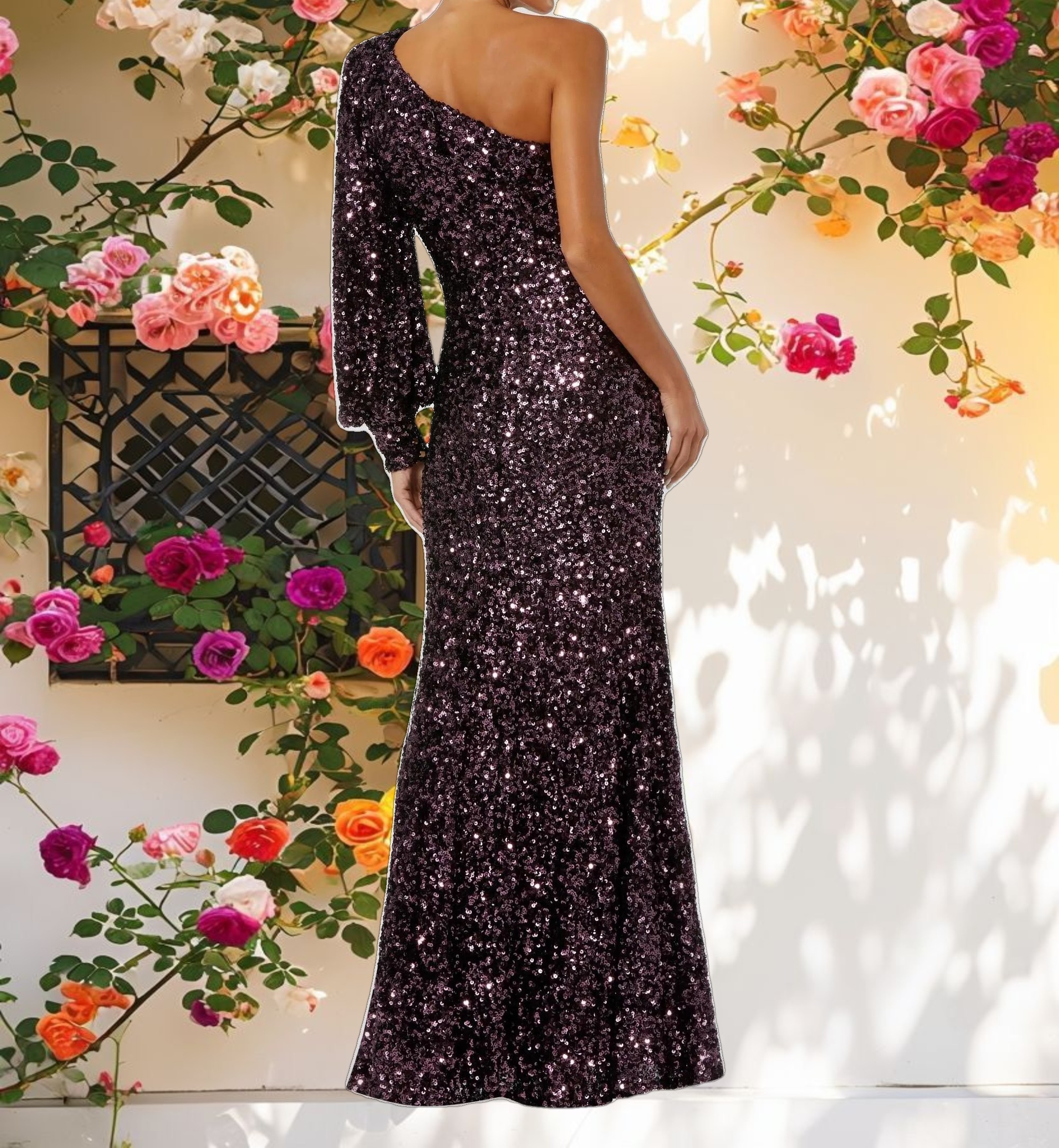 Purple Sequined One Shoulder Bishop Sleeve Trumpet Gown