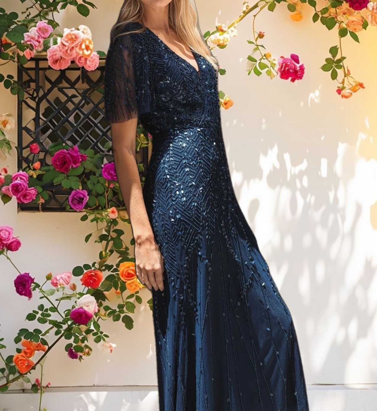 Navy Beaded Wrap Over Butterfly Sleeve Column Dress