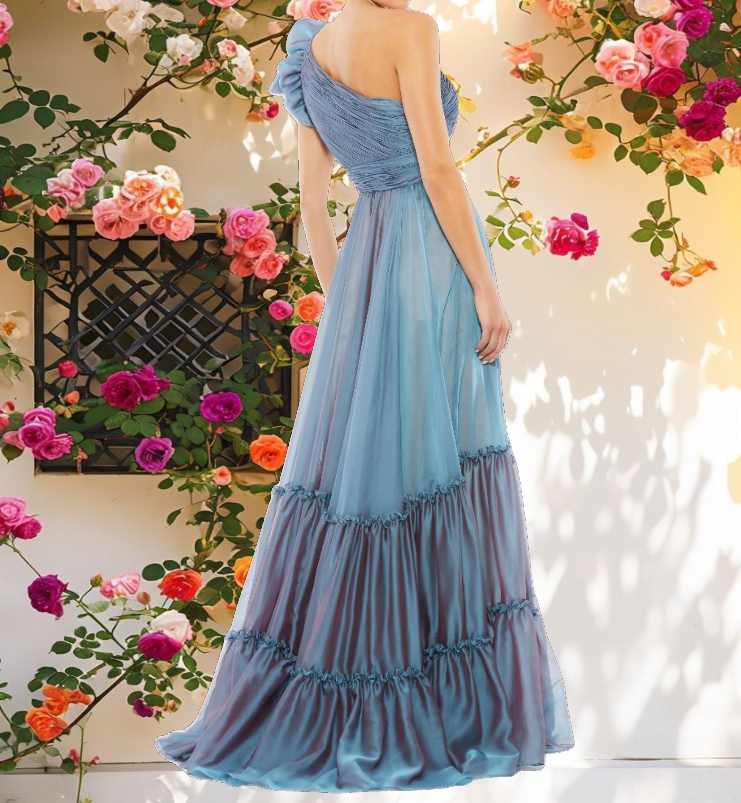 Blue Organza One Shoulder Pleated Gown
